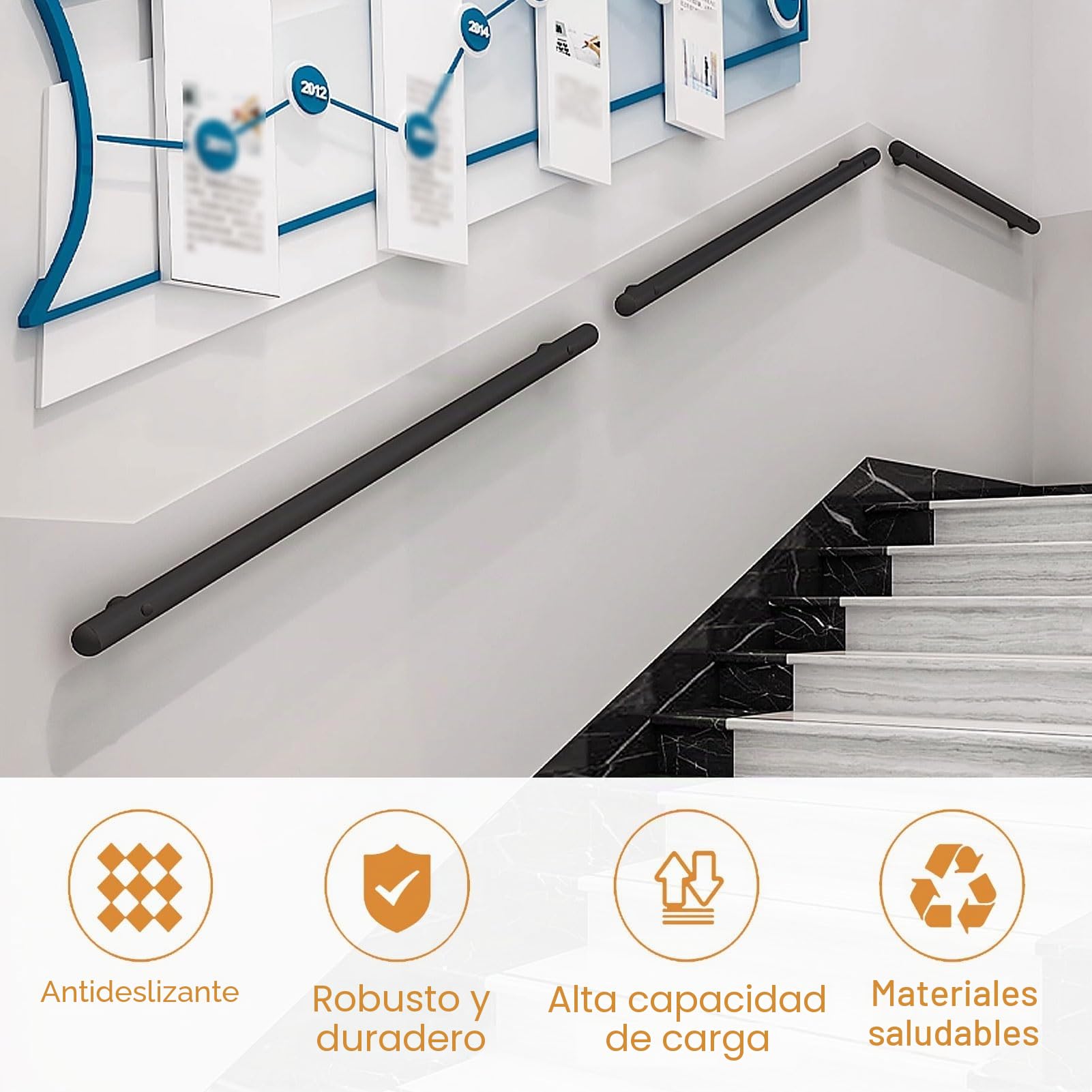 Barandillas modernas para escaleras - 3m/3.5m/4m/4.5m - Negro mate, pasamanos para escaleras de metal de acero inoxidable para montaje en pared para escalones de interior y exterior - Kit completo ( S
