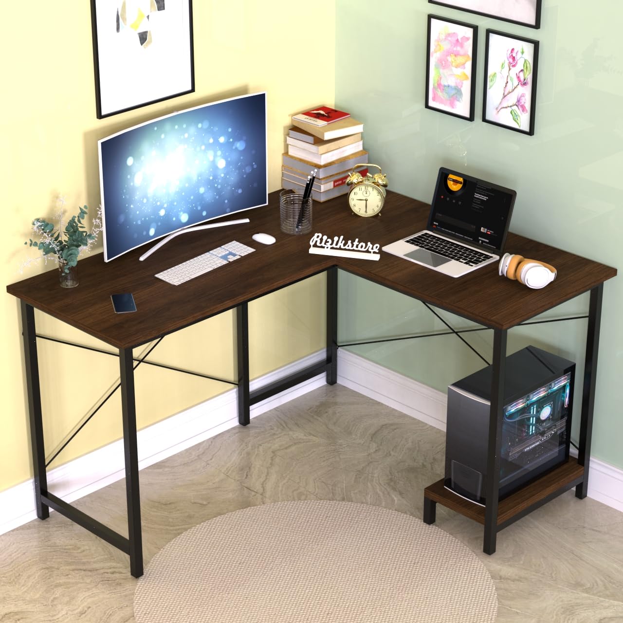 RIZIK STORE L-Shaped Computer Desk | 50-Inch Corner Gaming & Study Table with Engineered Wood Top, Metal Frame & CPU Shelf | Writing Workstation for Bedroom, Office & Small Rooms (Brown)