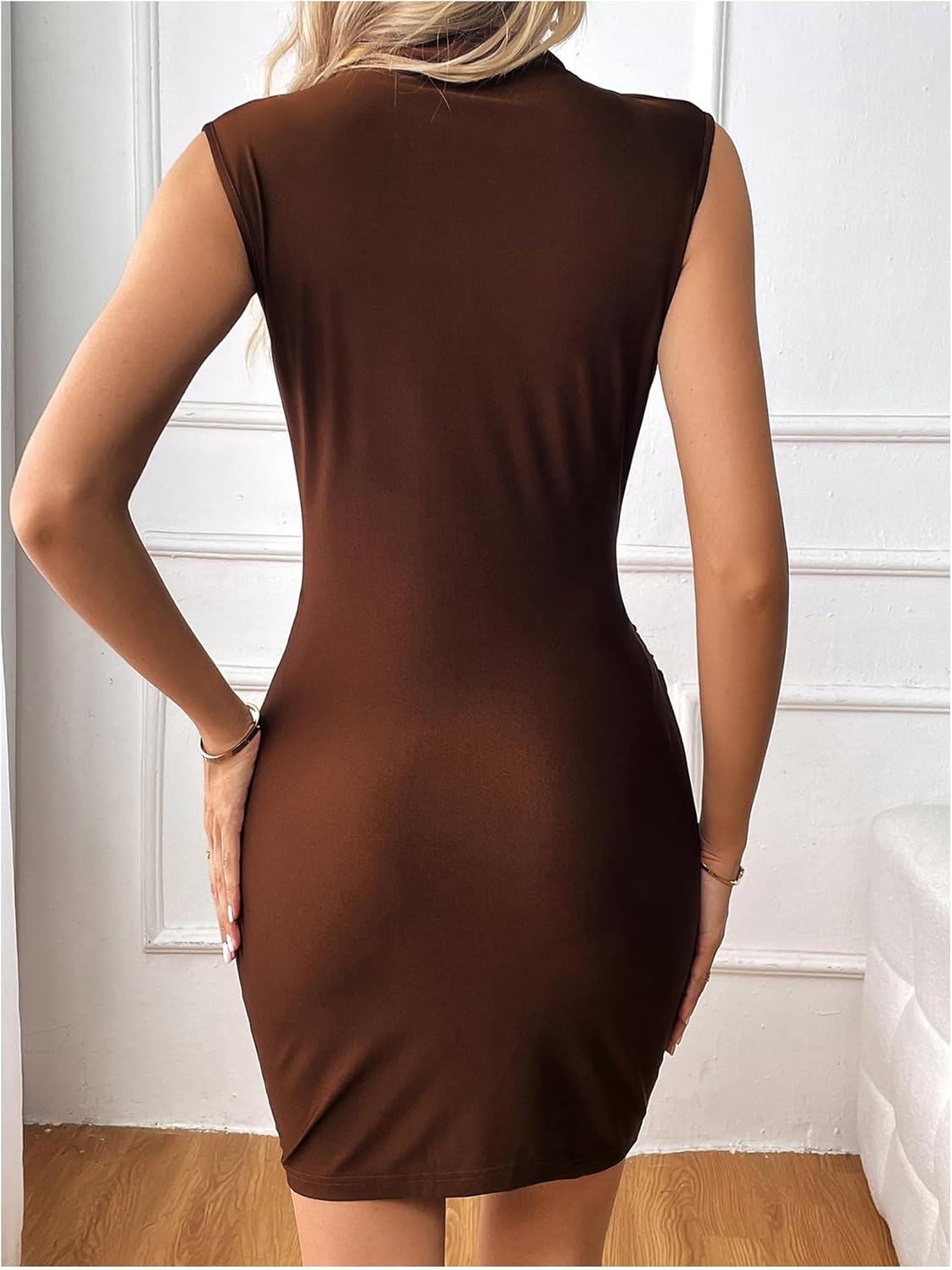 Milumia Women's Sexy Ruched Mock Neck Dress Sleeveless Bodycon Pencil Party Club Mini Dresses - Image 2