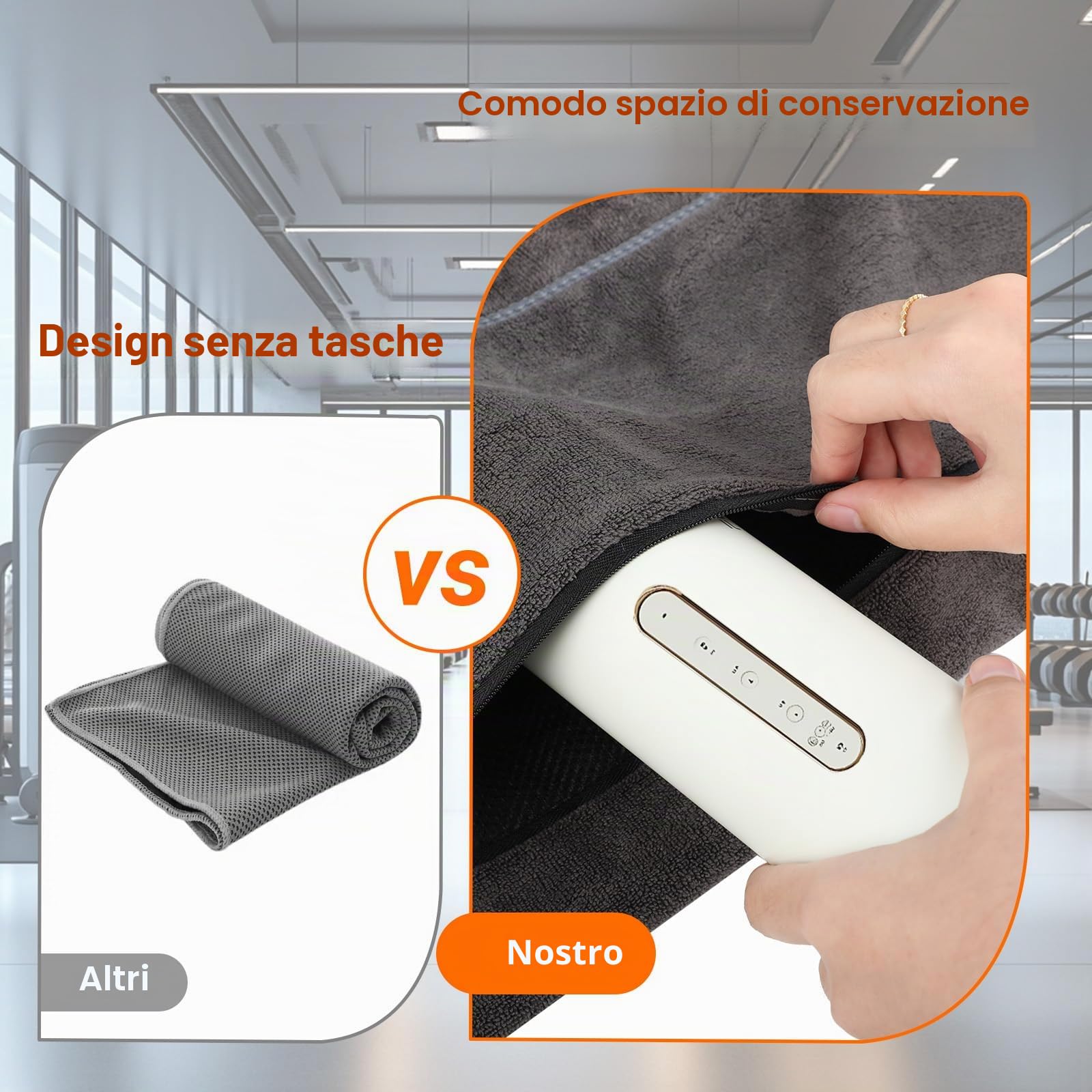 RMIVEGLIA Asciugamano microfibra 120x50cm – asciugamano palestra con tasca con zip e cappuccio di fissaggio – asciugamani Palestra per sport, yoga, relax e uso outdoor – telo palestra grigio