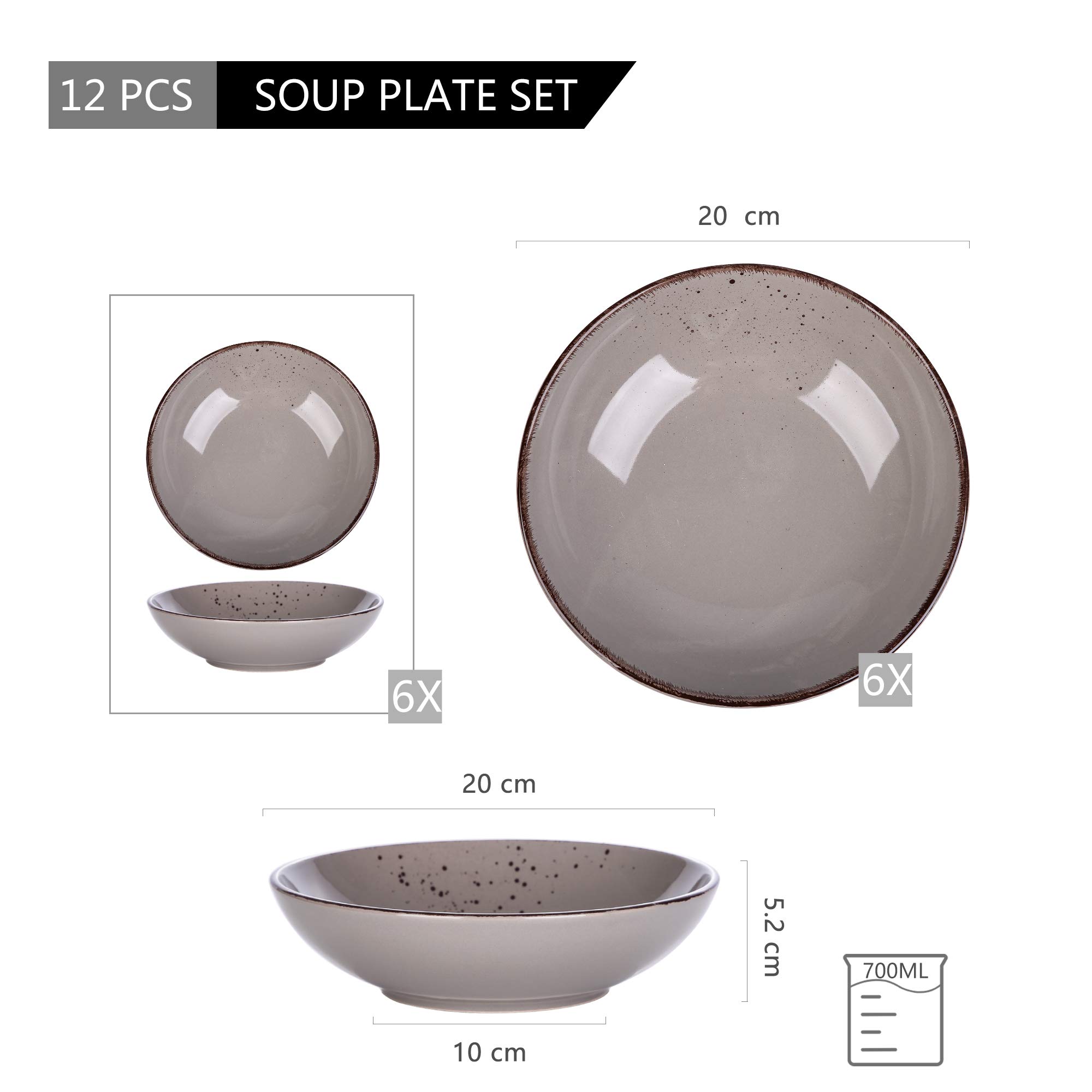 vancasso serie NAVIA Set 12 Platos Hondos, 20,3 x 5,3 cm Juego de Platos Sopa para 12 Personas, Set Platos de Ensalada de Gres Vintage, Apto para Lavavajillas, Microondas y Horno, 900 ml, Gres