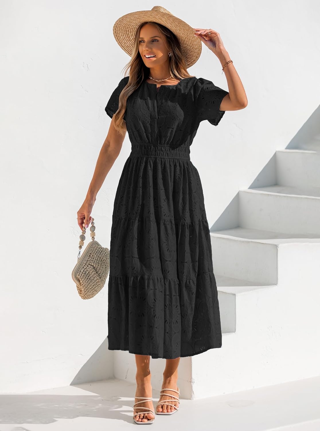 Summer Flowy Maxi Dresses for Women 2026 Spring Vacation Eyelet Lace Short Sleeve Wedding Guest Casual Boho Dresses - Image 2