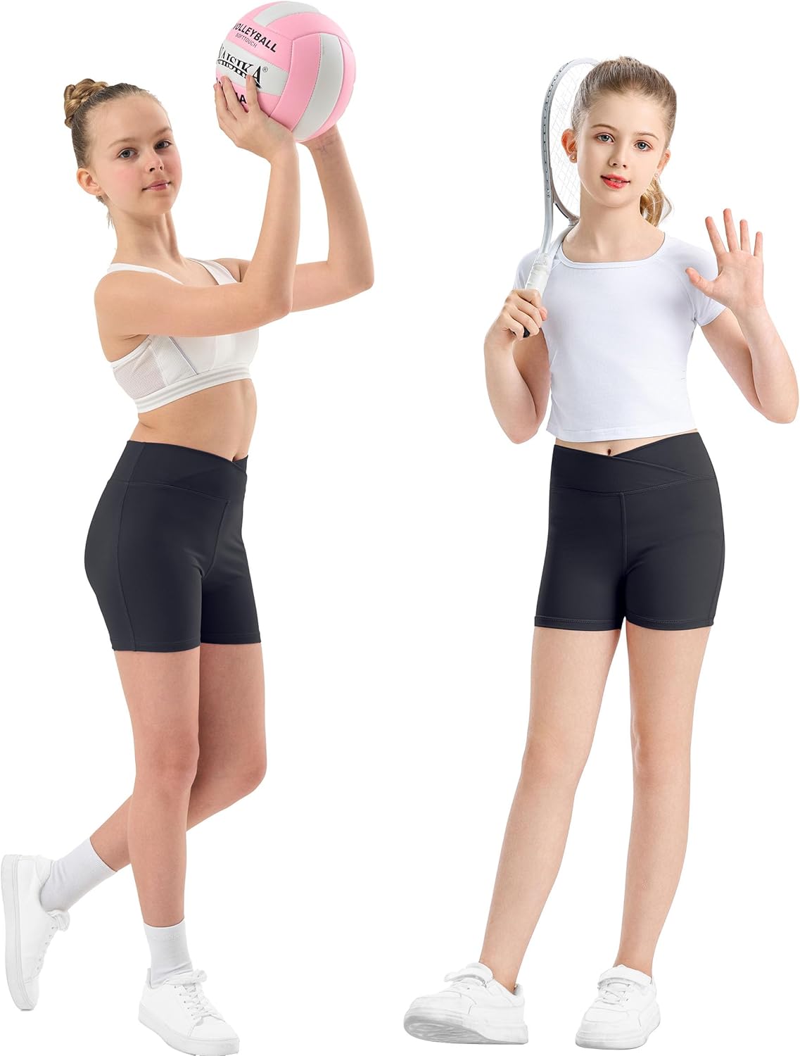 Girls V Cross Waist Athletic Shorts, Kids Soft Bike Volleyball Yoga Dance Running Cheer Gymnastics Gym Workout Shorts - Image 2