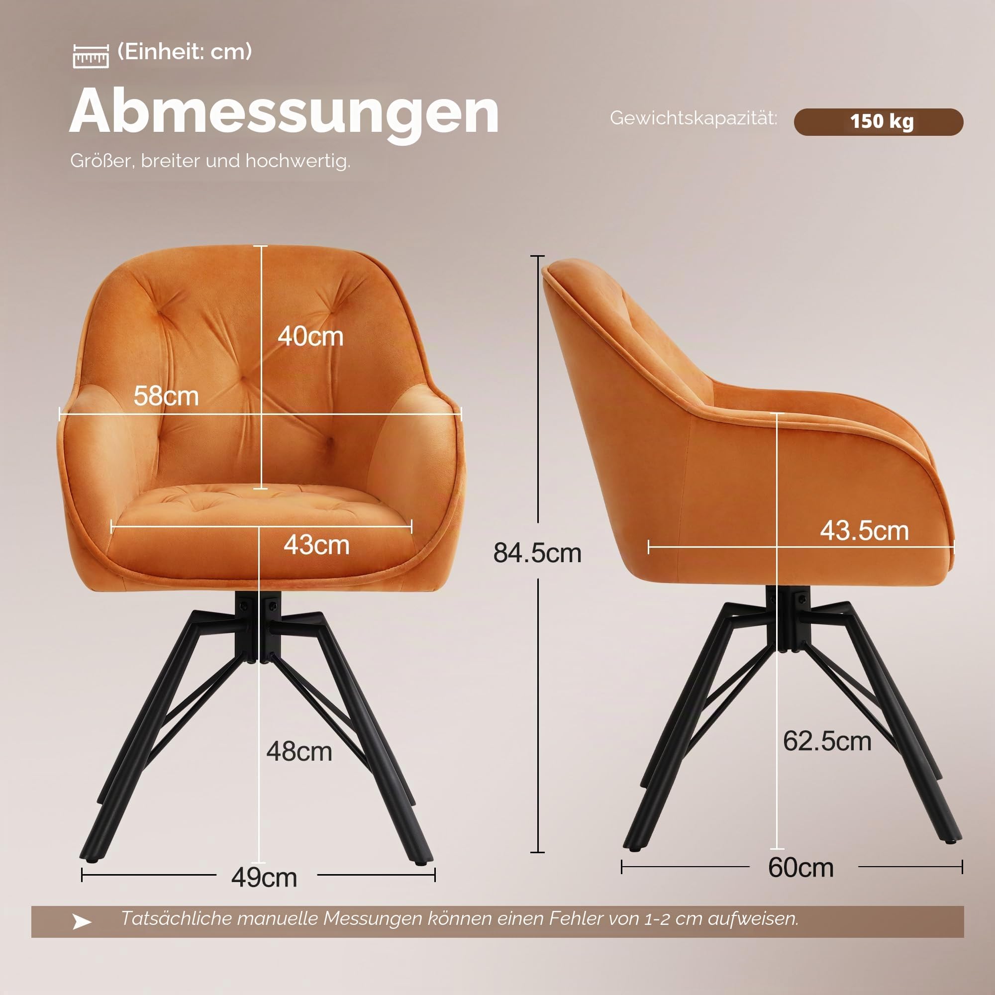 ELUCHANG Esszimmerstühle 4er Set, 360°Drehbar, Mehrschichtiger Dicker Schaumstoff Stuhl mit Hohen Armlehnen, Braun Samt, Gekreuztes Metallgestell bis 150KG, für Schlafzimmer Küche Wohnzimmer