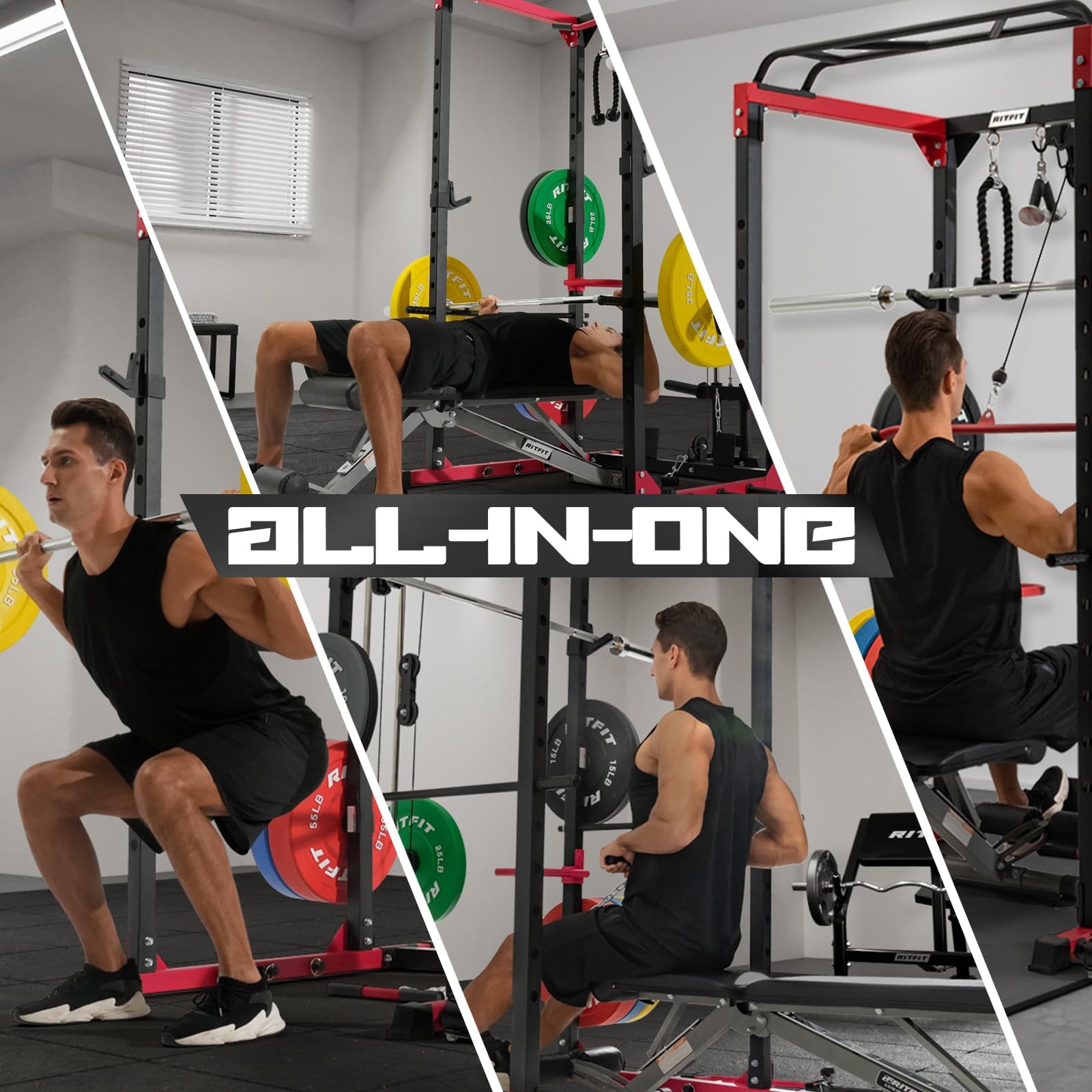 RitFit All-In-One Squat Rack for Home Gym, PPC02C Multi-Function 1000 LBS Capacity Power Cage with Lat Pulldown, Pulley System, Dip Bar, Landmine & More Power Rack Attachments