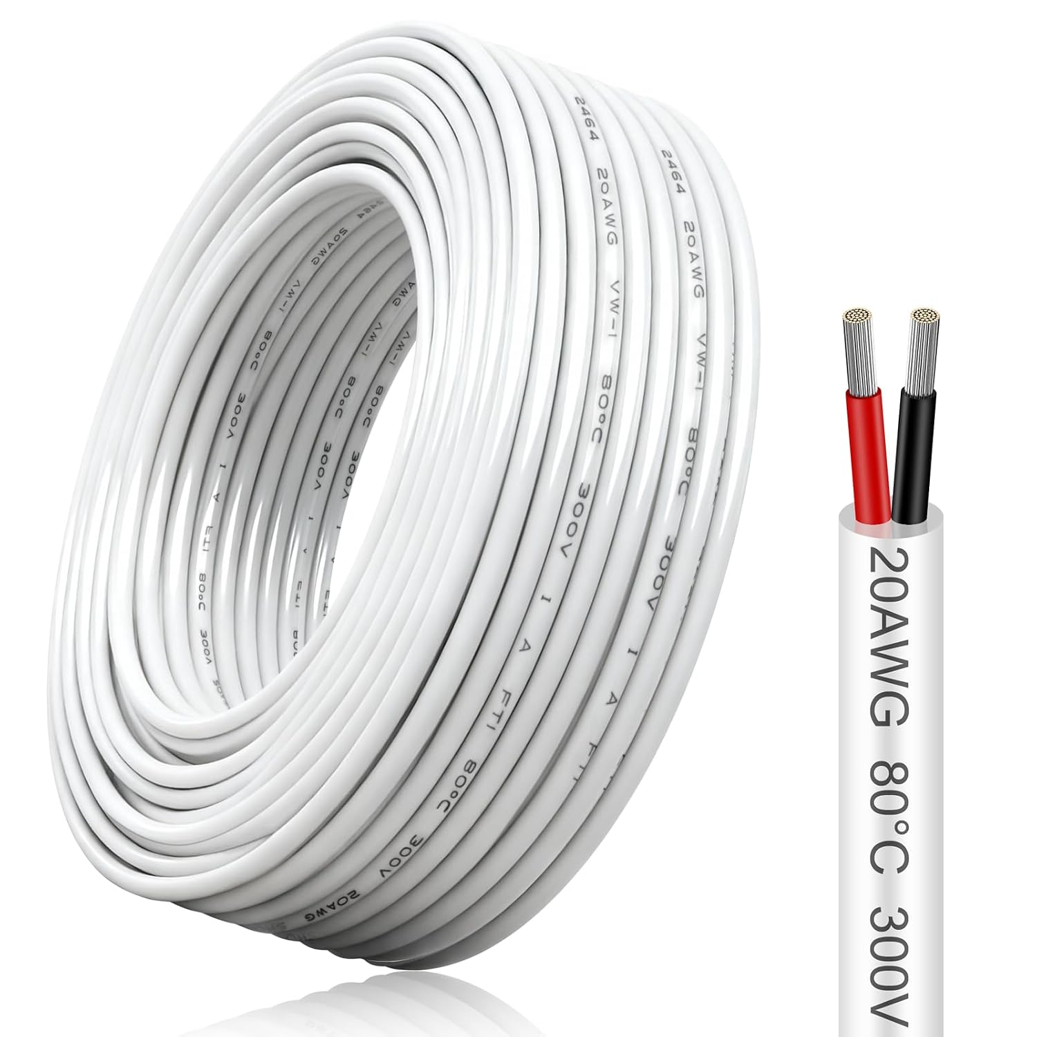 20 AWG Electric Cable 2 x 0.5 mm  2-Core Extension Cable Flexible 5V/12V/24V Soft Power Cable Earth Cable White Cable Made of Tinned Copper High Temperature Resistance 10 Metres / 32.8 ft
