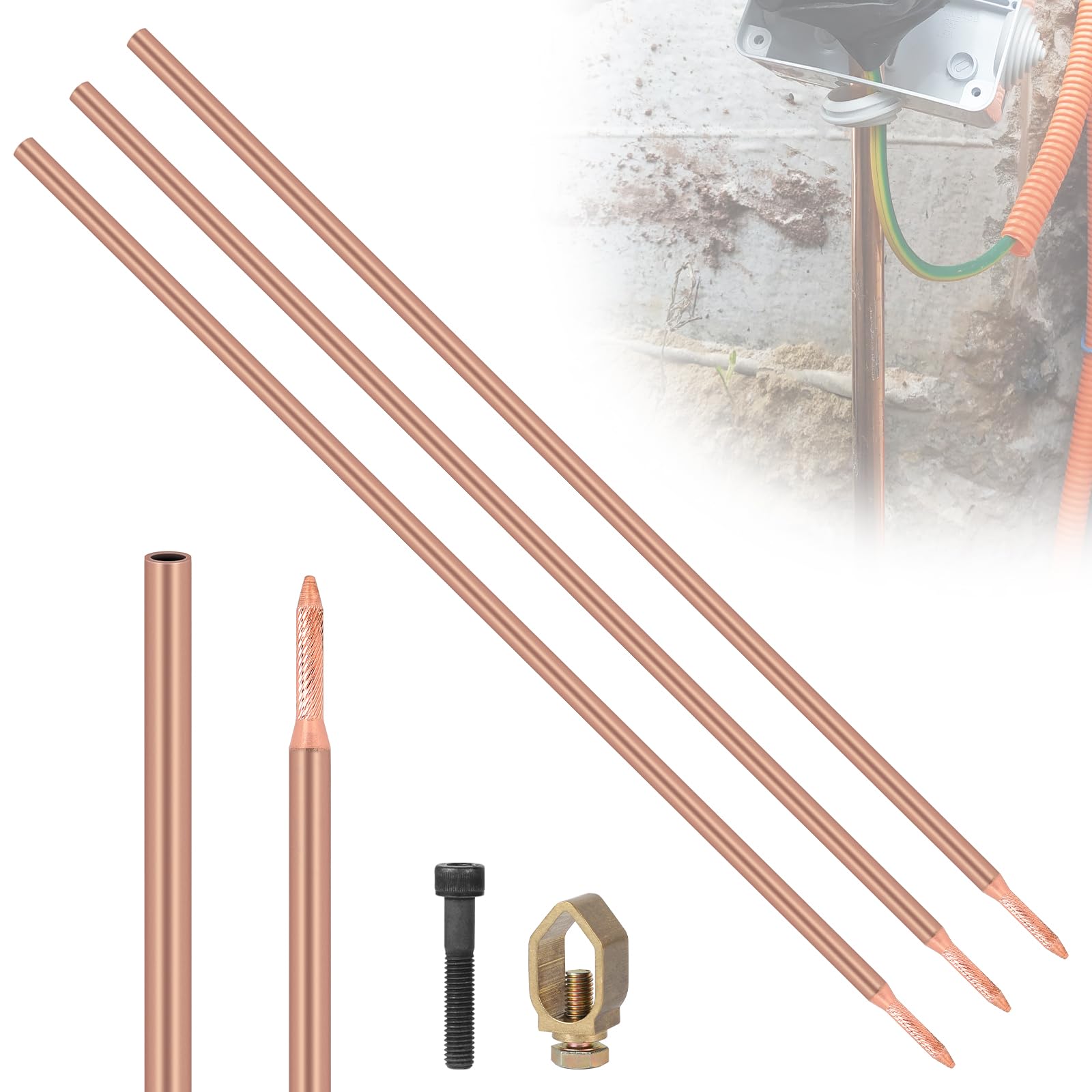 EFUTURETIME 3 x Barra di Terra 1m, Dispersore di Terracon φ17,2 in Acciaio al Carbonio con Rivestimento in Rame Elettrolitico da 0,2 mm con Morsetto e Bullone Protettivo