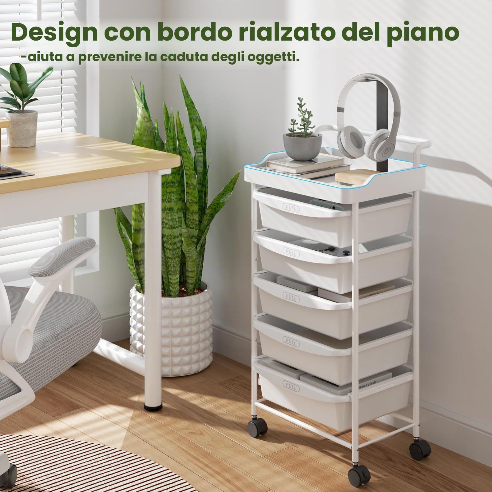 Carrello a 5 Cassetti con Ruote e Ripiani Mobile Salvaspazio Multifunzionale Storage Rack Bagno Cucina per Portavivande Portafrutta (Bianco)