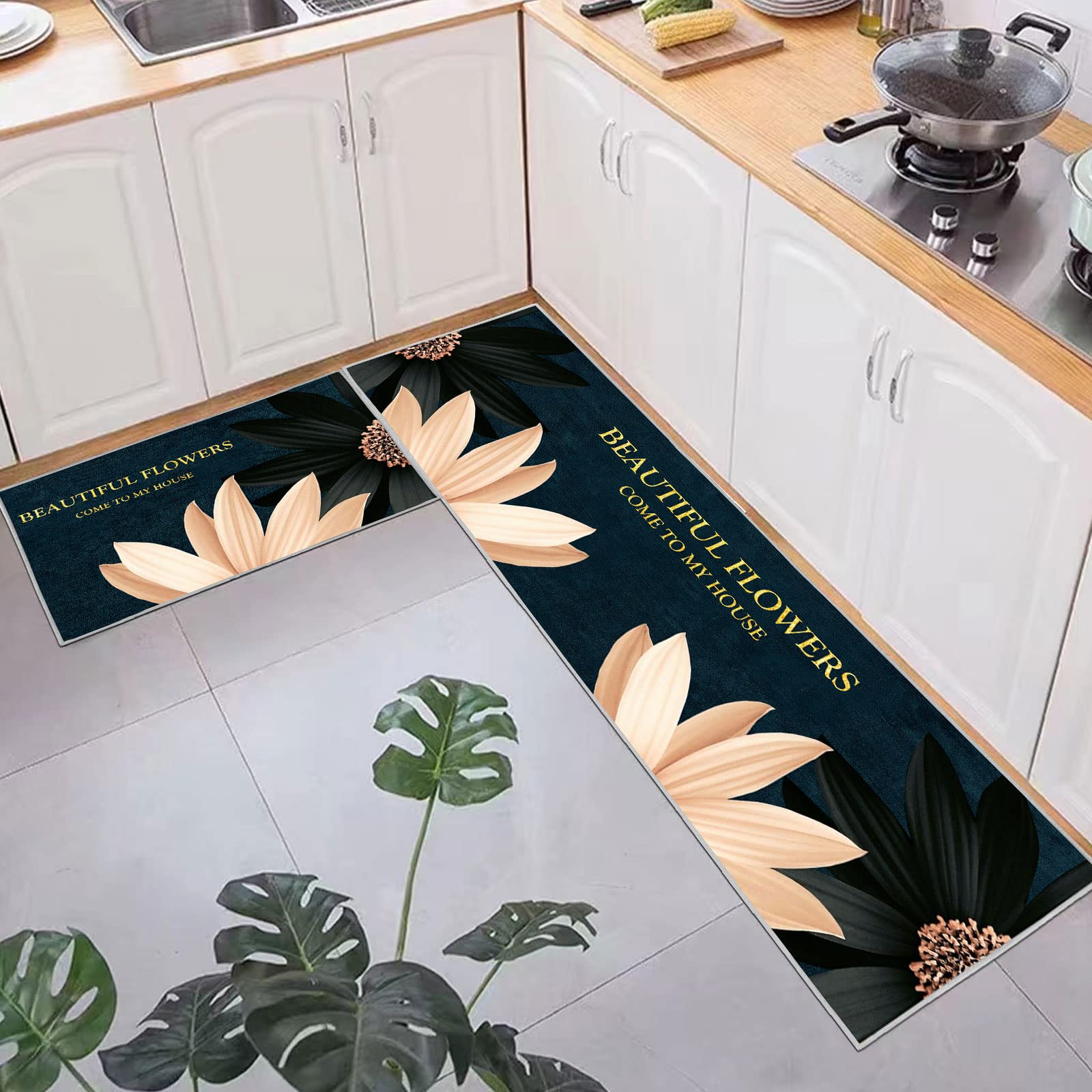 Lot de 2 Tapis de Sol Anti-Fatigue Imperméables Antidérapants Confortables Floral A 40x60+40x120cm