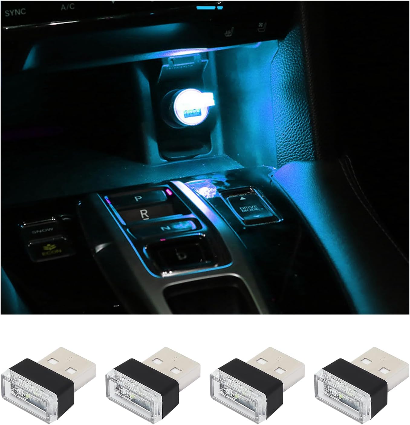 Augeny 4 PCS USB LED Car Interior Atmosphere Lamp, Plug-in USB Decor Night Light, Portable Auto Ambient Lighting Kit, Universal Vehicle Interior Accessories for Most Cars (Ice Blue)