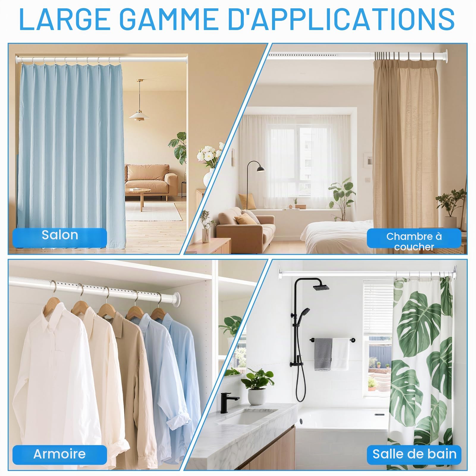 Tringle à rideau extensible de 98 à 330 cm, sans perçage, 32 mm, avec 2 bases murales, tringle télescopique en métal pour salle de bain et fenêtre - Blanc