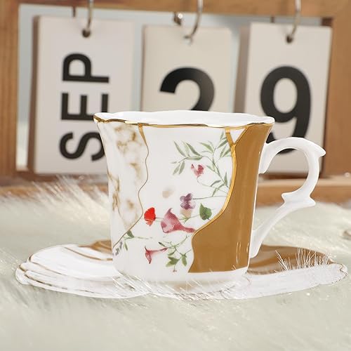 Miniatura 3 de fanquare Juego de 6 mini tazas de café de 2.7 onzas para expreso, tazas de té de porcelana floral con patrón de mármol, tazas y platillos de