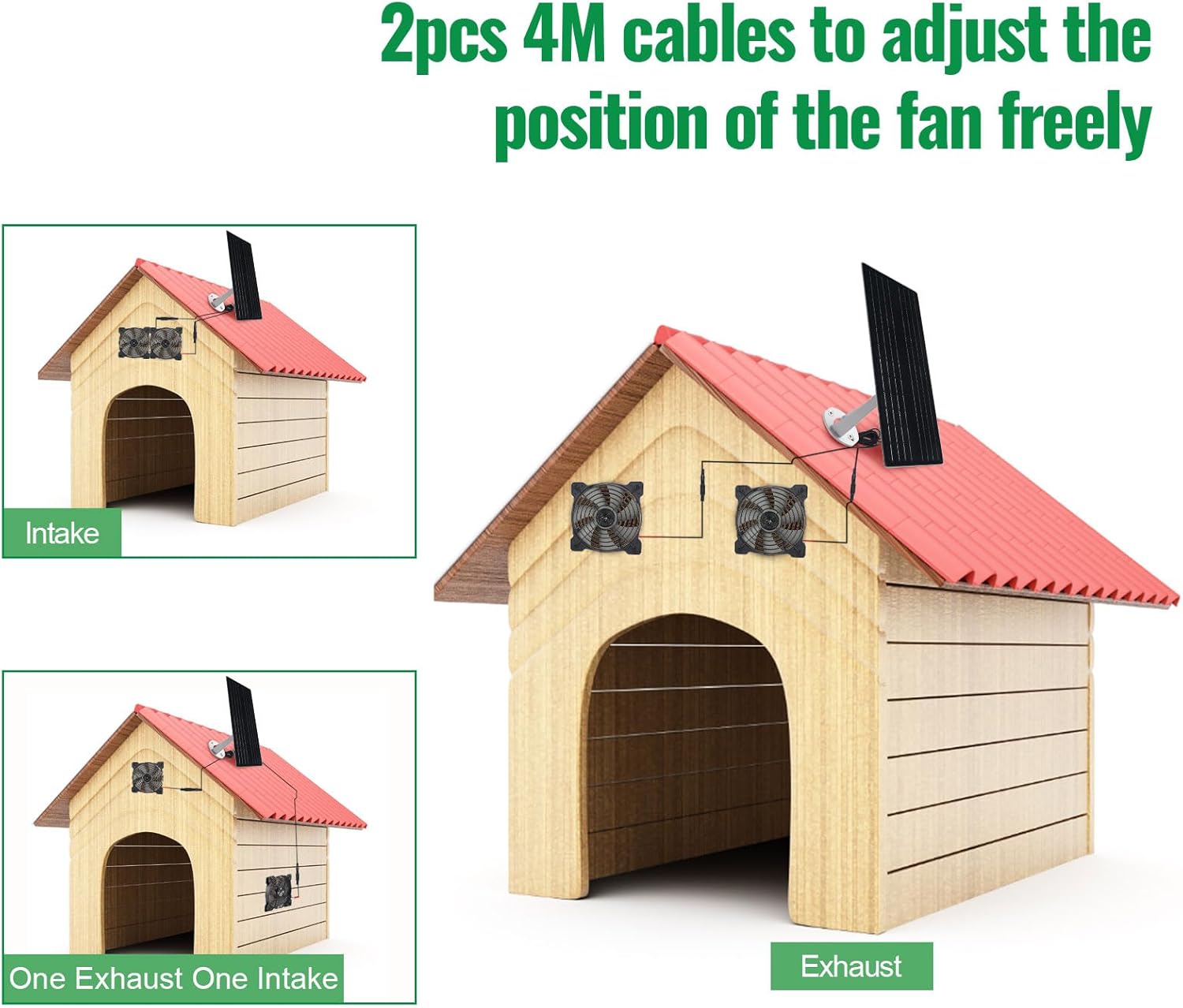 Soshine Solar Fan for Chicken Coop 12W 12V Greenhouse Fan with 2pcs 13Ft/4m On/Off Switch Cable, Silent Operation, High Efficiency, Black, 5.51" x 5.51"
