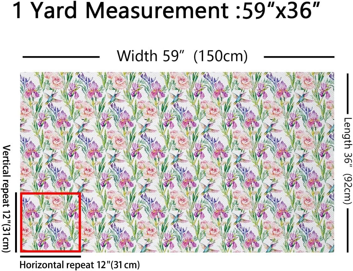 Floral Decorative Fabric, Hummingbird Iris Flowers Fabric by The Yard, Garden Botanical Gorgeous Upholstery Fabric Gift for Girls Women, Wild Animals Natural Pastoral Waterproof Fabric, 2 Yards