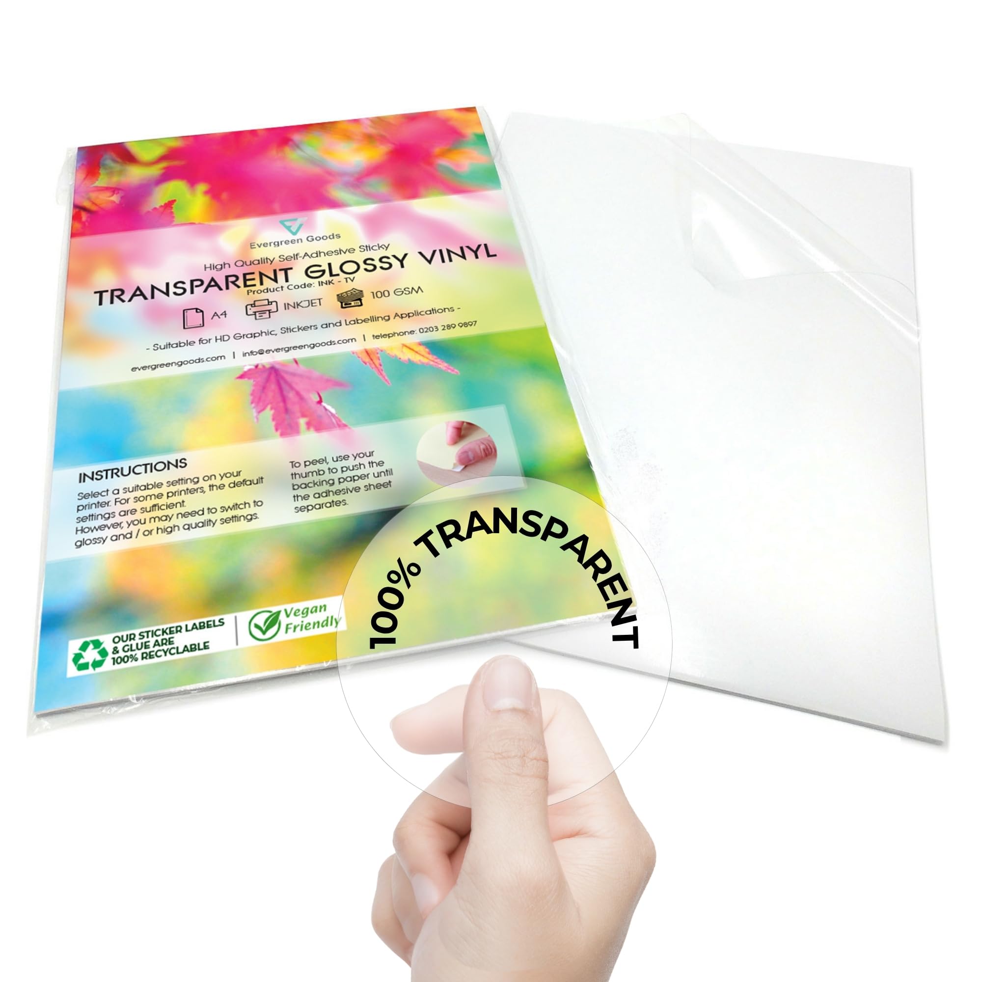 Evergreen Goods, Vinile autoadesivo trasparente lucido di qualità, formato A4, stampabile a getto d'inchiostro, crea i tuoi adesivi, retro adesivo, in PVC trasparente, stampa non impermeabile
