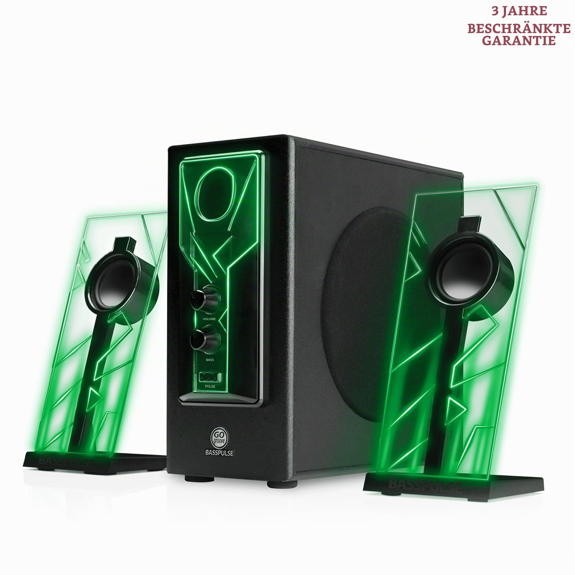 GOgroove 2.1 Soundsystem Computer Lautsprecher PC mit LED Effekt Desktop PC Lautsprecher 2.1 Anlage mit Subwoofer und blauen LED Highlights, Perfekt Geeignet für Stereo Gaming an Ihrem Computer - Grün