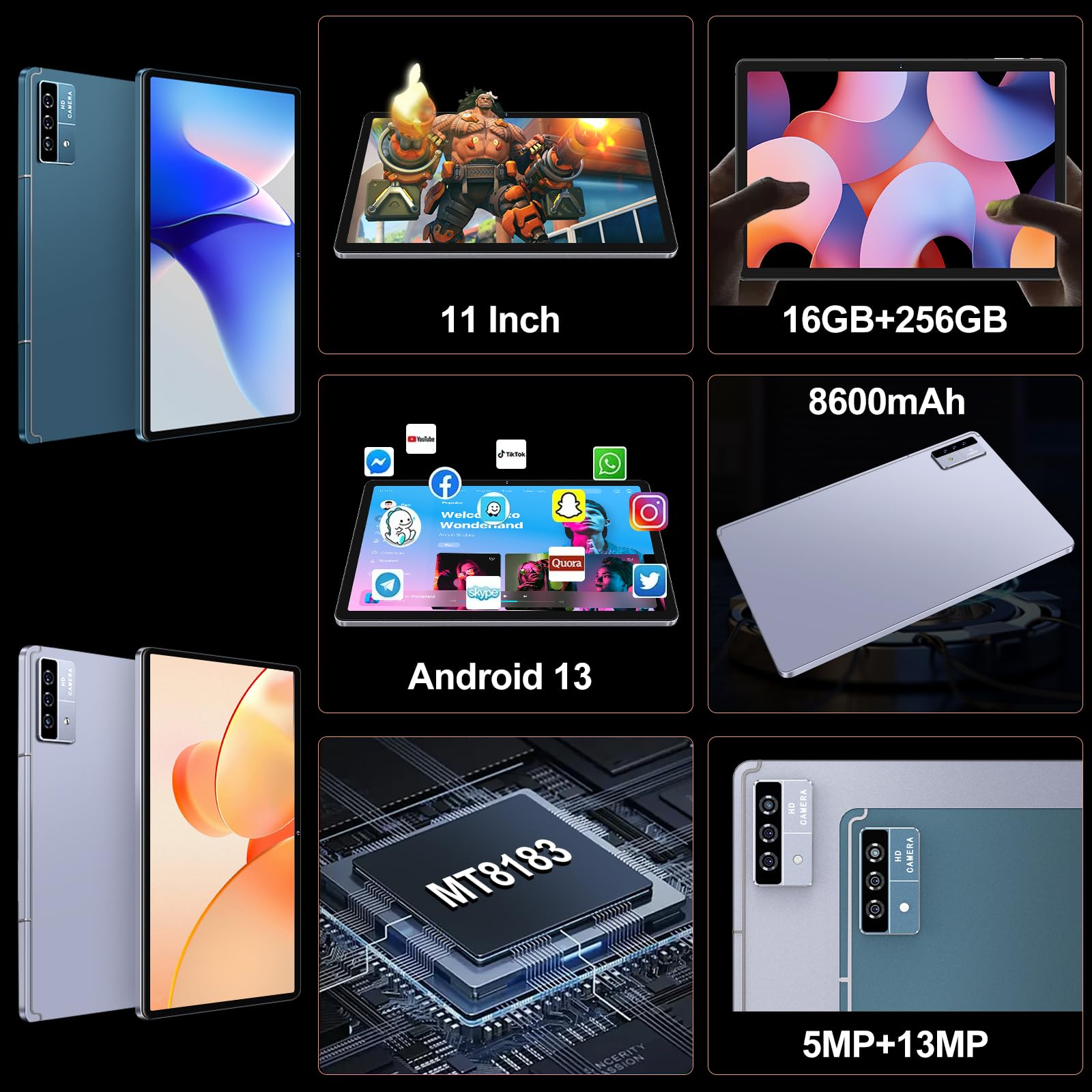 2026 Tablet 11 Pollici Android, 16GB RAM+256GB ROM/TF 1TB, 2K FHD Schermo 2000*1200, Batteria 8600mAh, Octa-Core, 5MP+13MP+2MP, 4 Altoparlantis, GPS, 5G Wi-Fi, BT 5.0, Tablet con Custodia - Grigio