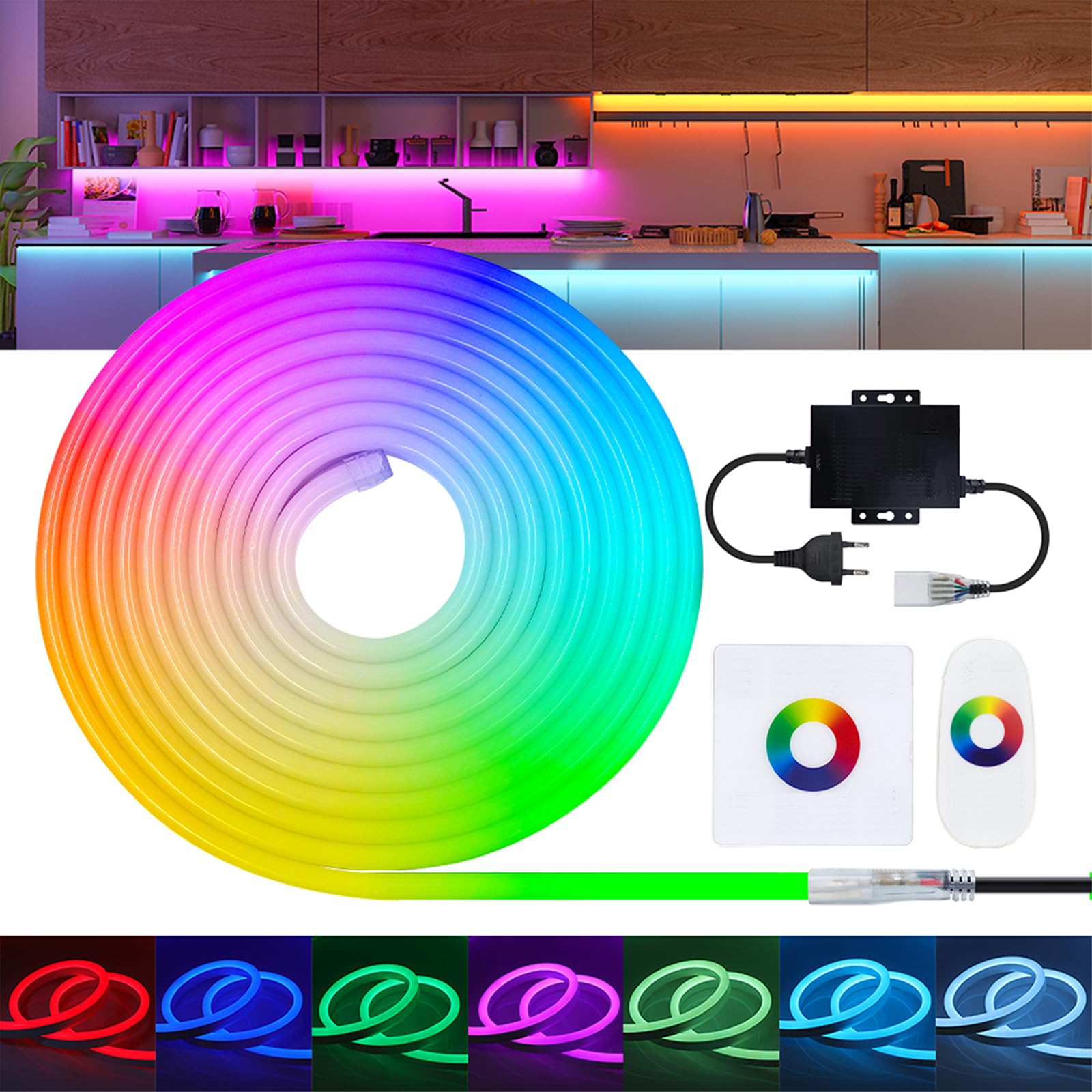 RGB Ruban LED Néon, 220V 5050 RGB Flexible Néon Bande Led Étanche Ip67 Multicolore Lumiere à Changement avec Panneau tactile et télécommande tactile pour Intérieur/Extérieur Décoration.