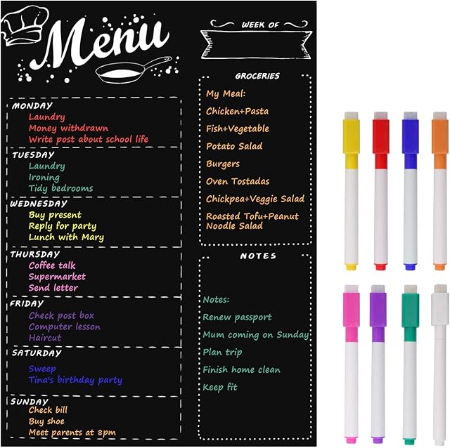 MoKo Magnetic Menu Board for Kitchen Fridge with 8 Color Chalk Markers, 16"x12" Dry Erase Weekly Meal Planner and Grocery Shopping List Notepad Chalkboard for Refrigerator - Black