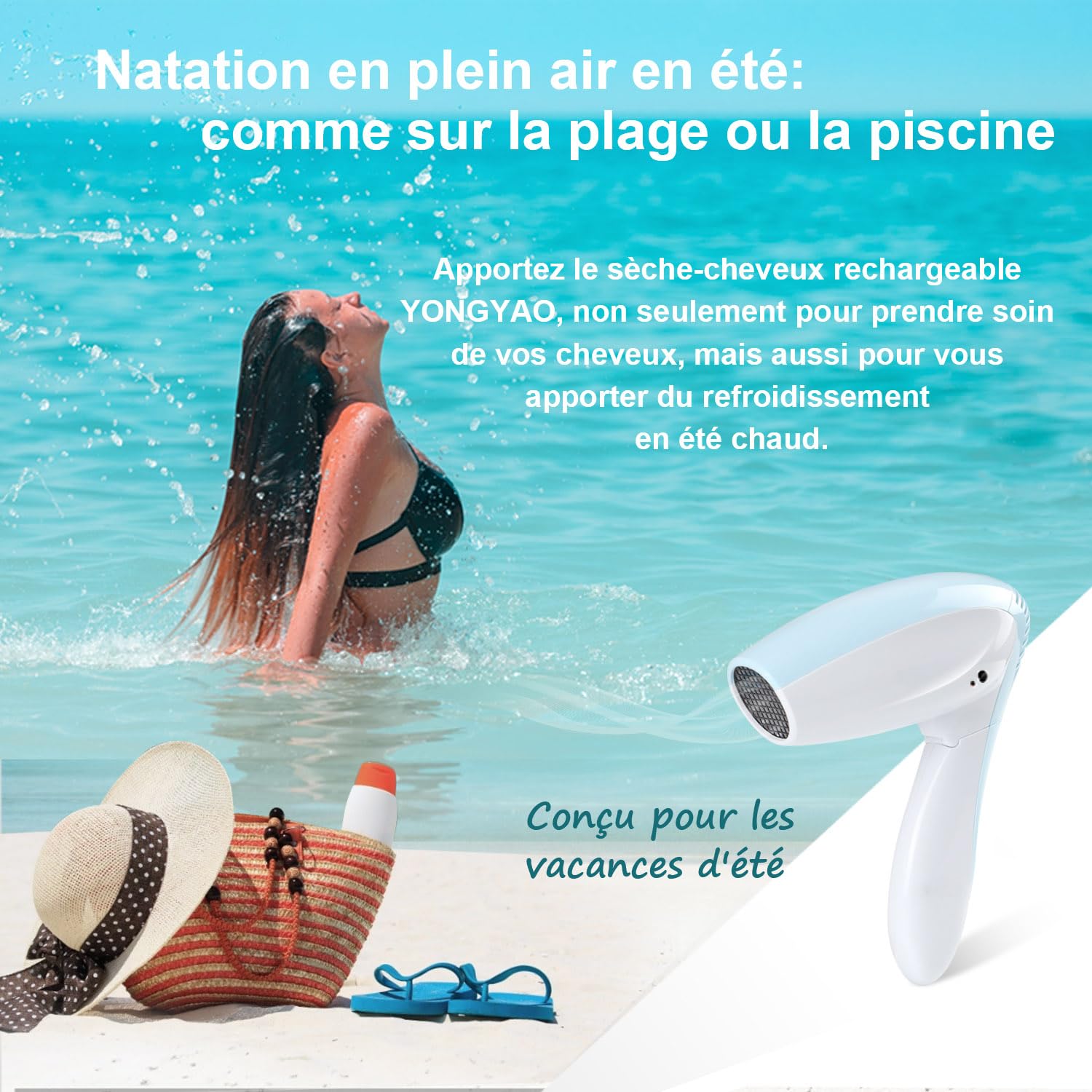 Sèche Cheveux Sans Fil Rechargeable en USB, Froid Air Mini Sèche-cheveux | Portable poignée pliable, cordless hair dryer Sèche-Cheveux Léger Pour La Maison /Le Voyage l'extérieur piscine camping BBQ