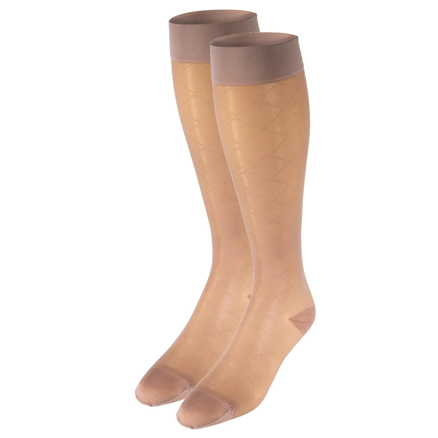 NuVein Sheer Compression Stockings, 15-20 mmHg Support, Women's Diamond Pattern Nylons, Knee High, Closed Toe, Nude, Small