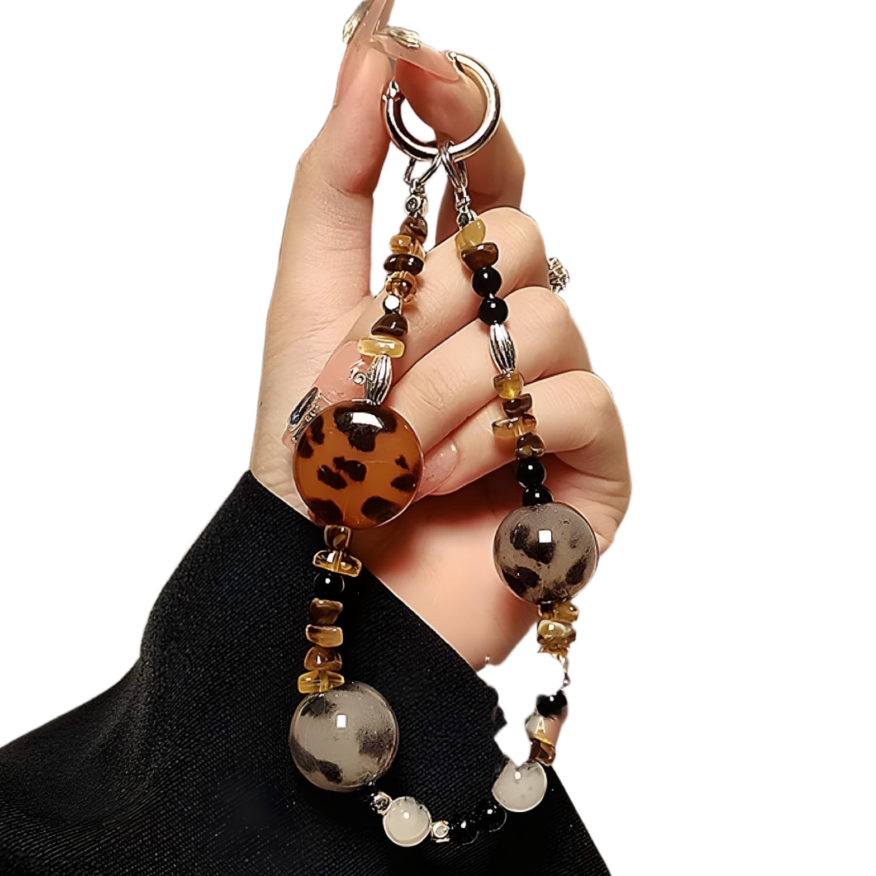 LIFCIUSO Phone Charm with Crystal/Handpainted Bead, Kawaii Hands-Free Wrist Strap for Women Girl, Cute Leopard Print Shell Bead, Luxury Bling Diamond