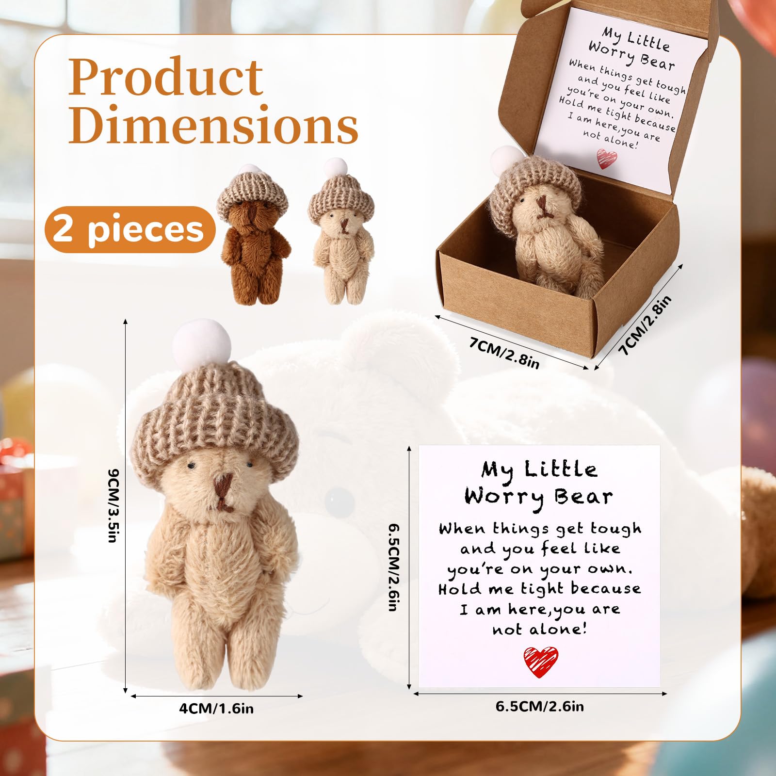 2 Sets Little Worry Bear in Box Tin with Hat, Handmade Positive Mini Pocket Bear with Encouragement Card Inspirational Toy for Friends Family Coworkers Gift (Khaki, Dark Brown)