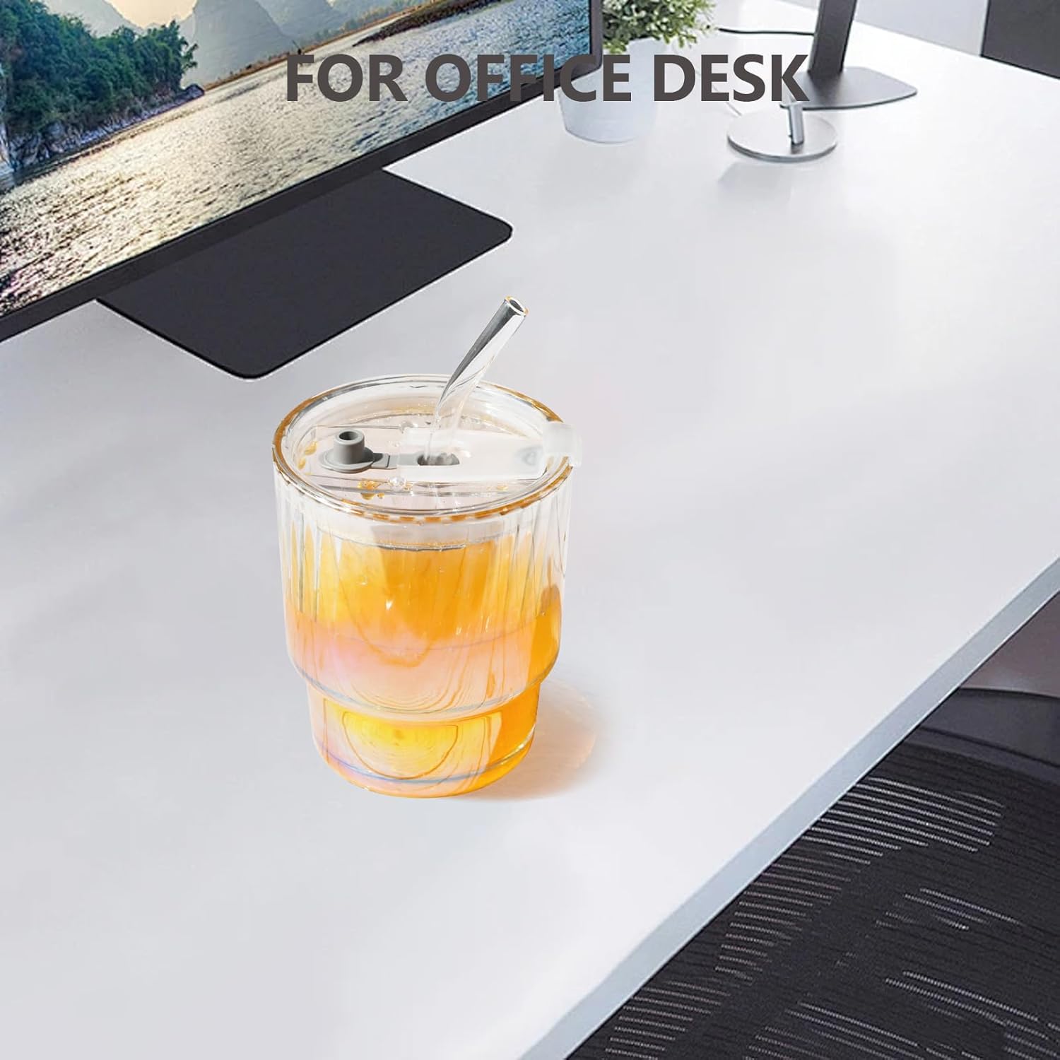 Glass Tumbler Cups with Lids and Straws, 13 oz, Reusable Drinkware, Clear, 4 Pack (Lines) - Image 6