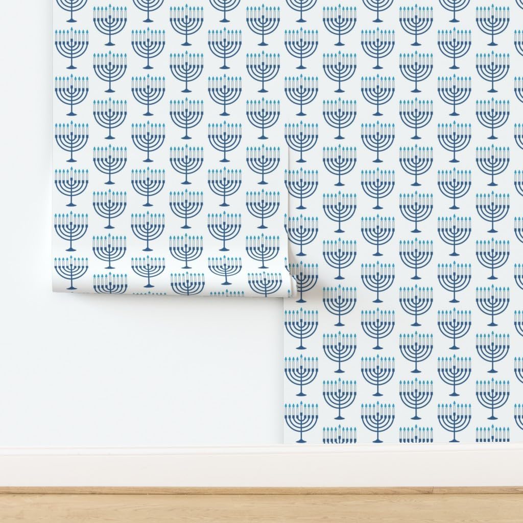 Peel & Stick Wallpaper 6ft x 2ft - Menorah White Holiday Hanukkah Worship Candelabrum Custom Removable Wallpaper by Spoonflower