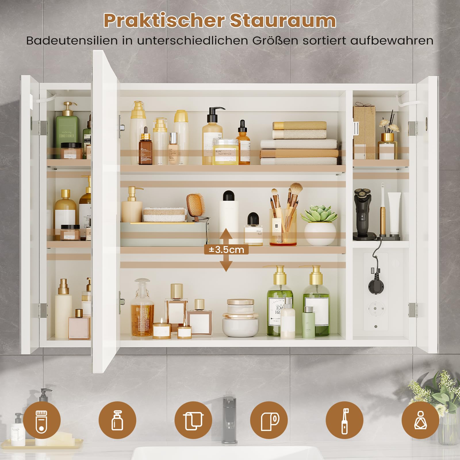 Spiegelschrank Bad mit LED Beleuchtung & Steckdose, 80x60x17 cm | Badezimmer Spiegelschrank mit 3 Farben Dimmbar & HD Spiegel, Badezimmerschrank mit 3 Tür 9 Fächer, verstellbaren Regalen,Weiß