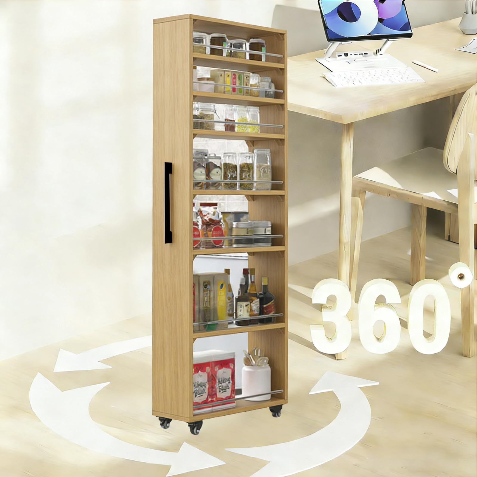 Scaffale a 7 ripiani con ruote, sottile, in legno, finitura noce chiaro, design stretto (larghezza 10 x profondità 18 x altezza 72 cm), salvaspazio