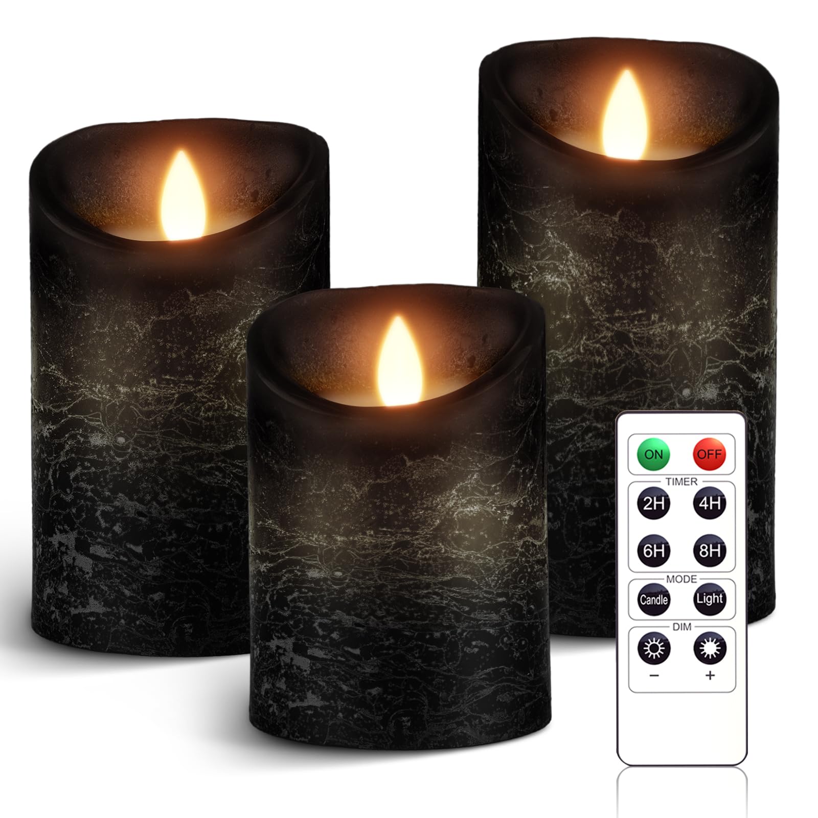 AnnSpa 3 Set Velas de LED sin Pilares de pilas Llama con Control Remoto, de Cera Real Parpadeo Mecha móvil Parpadeo Ámbar Luz amarilla Velas, Cera Sin Perfume para Regalo y decoración (Black)