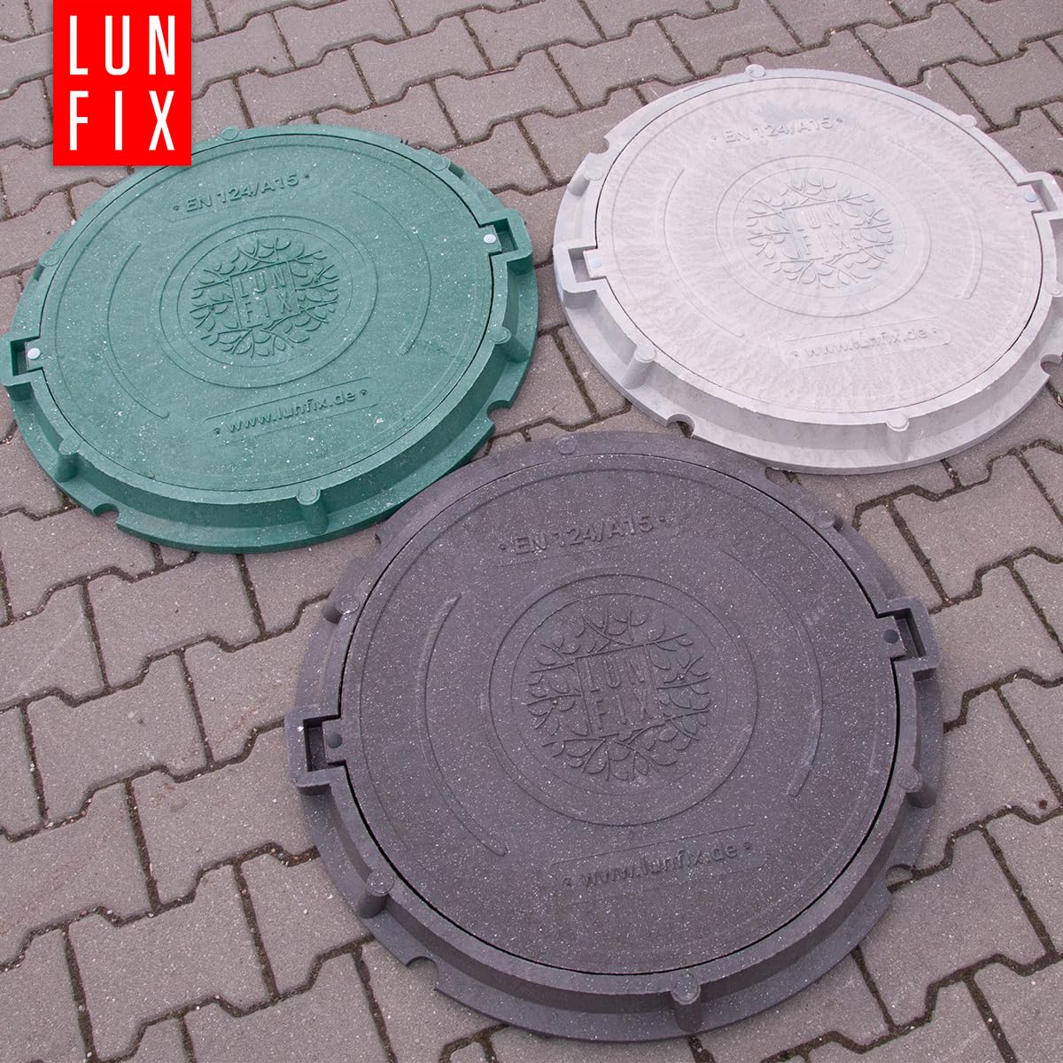 Chiusino pozzetto DN600 A15 grafite con telaio, copertura pozzetto giardino in polimero-sabbia e plastica, coperchio rotondo 600 mm resistente 1,5 t per drenaggio acqua, tappo canale, Lun Fix