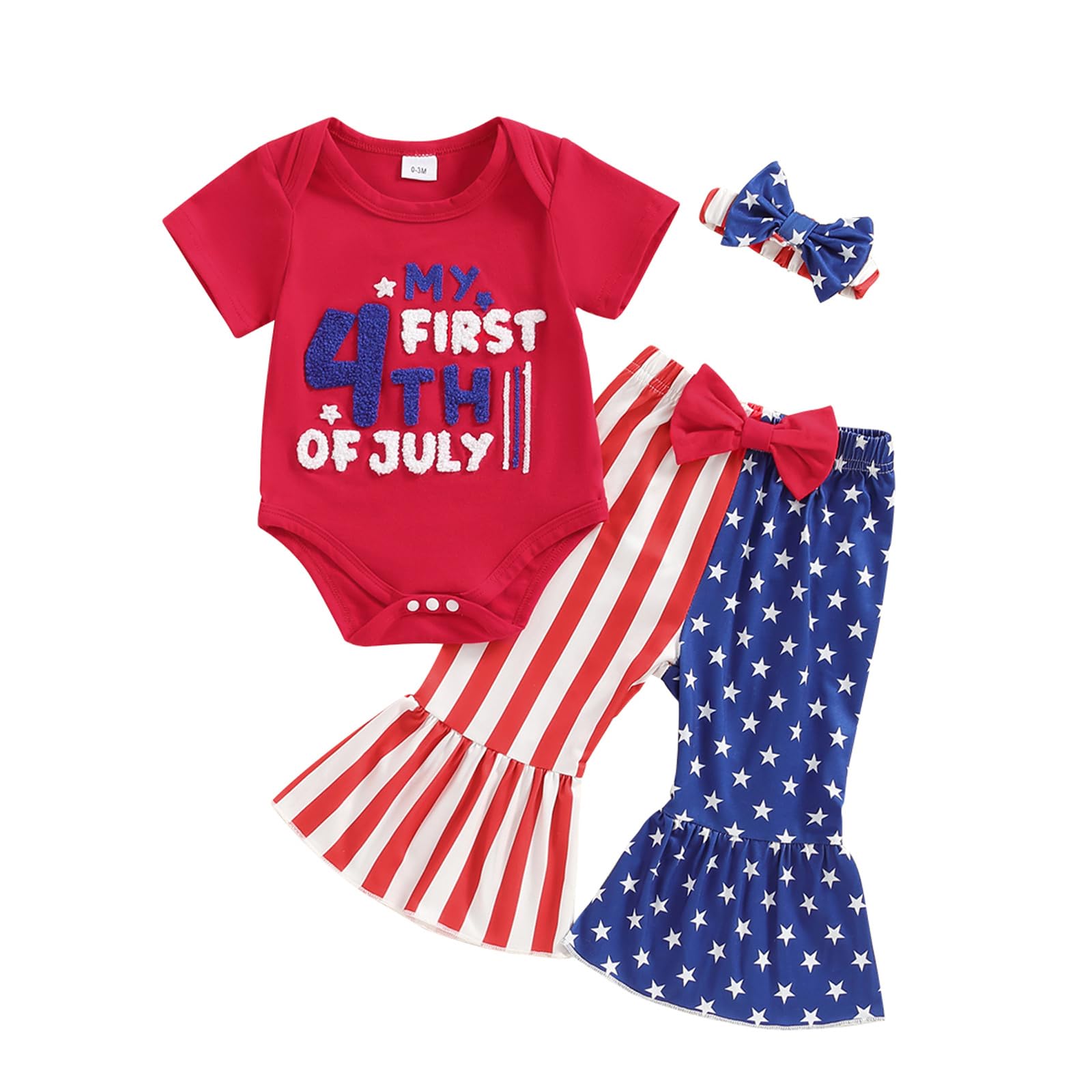 Rtnnsbbfcm 4th Of July Baby Girl Outfit Letter Embroidery Romper American Flag Flare Pants Fourth Of July Clothes (My First 4th Of July,6-12 Months)