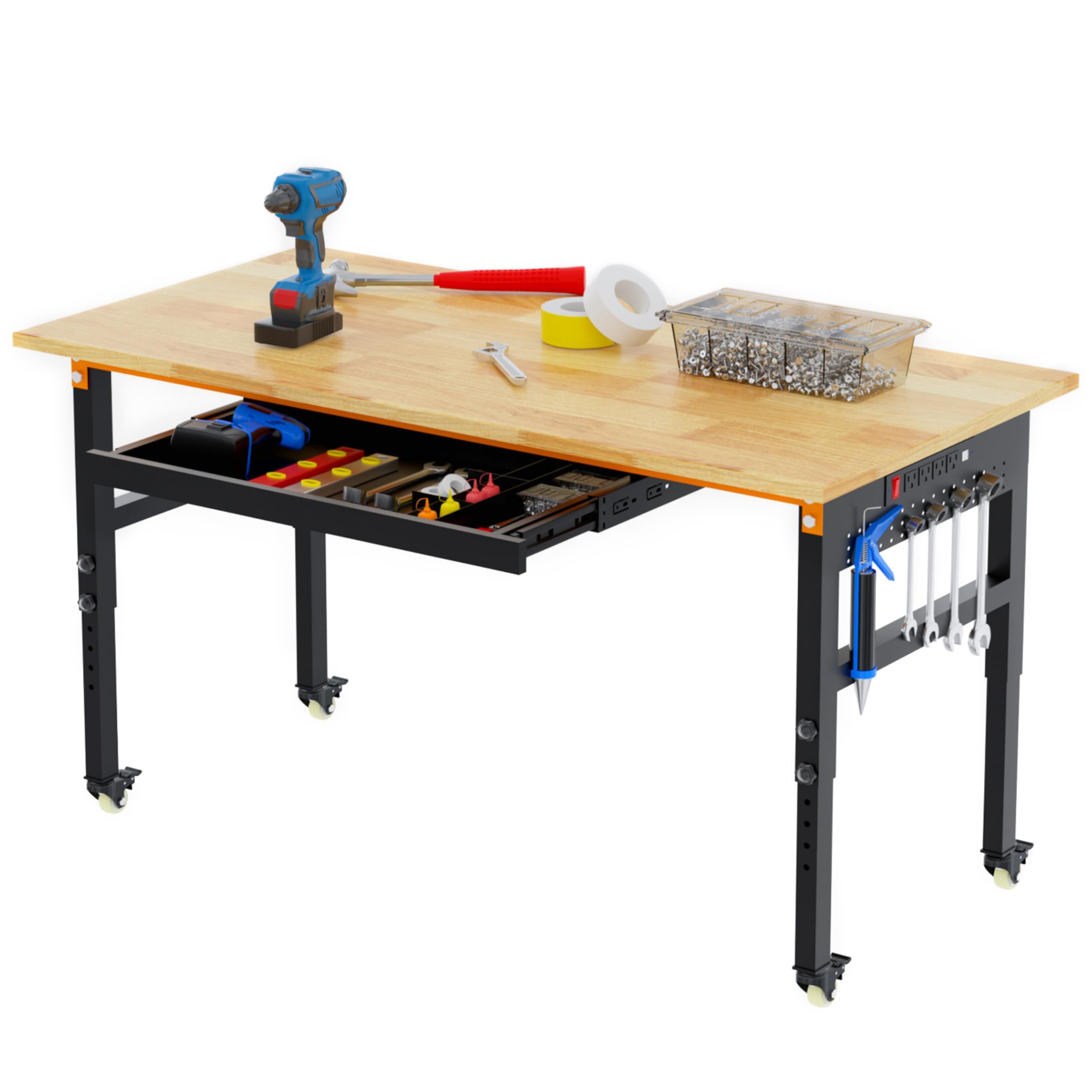 Betterhood 60" Adjustable Workbench on Wheels, 2000 LBS Heavy Duty Work Table with Power Outlets & Pegboard, Rubber Wood Workstation for Garage,