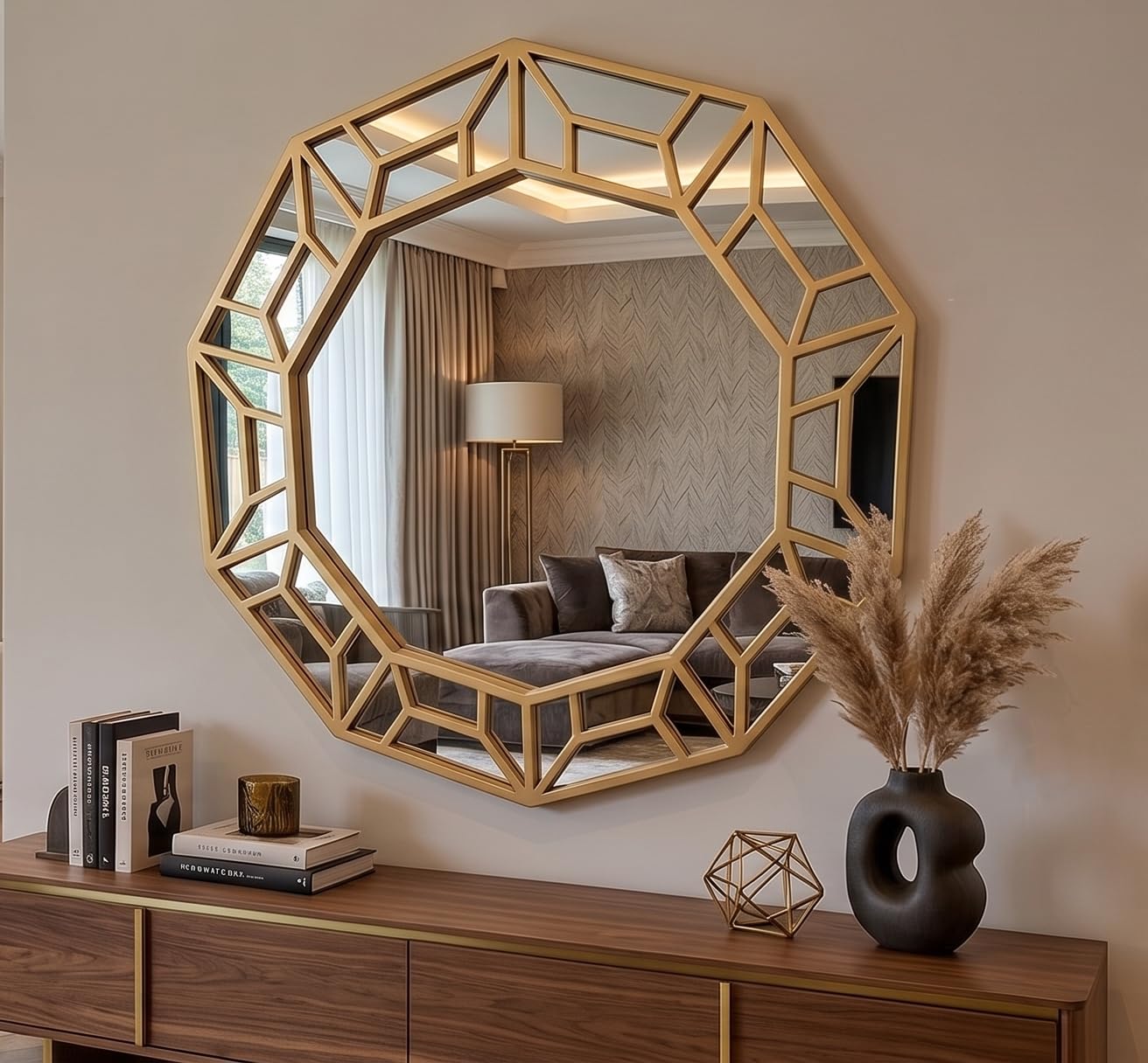 DEENZ Decagonal Shape Wall Hanging Mirror Plastic Geometrical Framed Home Décor Present Idea 61x57.8x2Cm (GOLD)