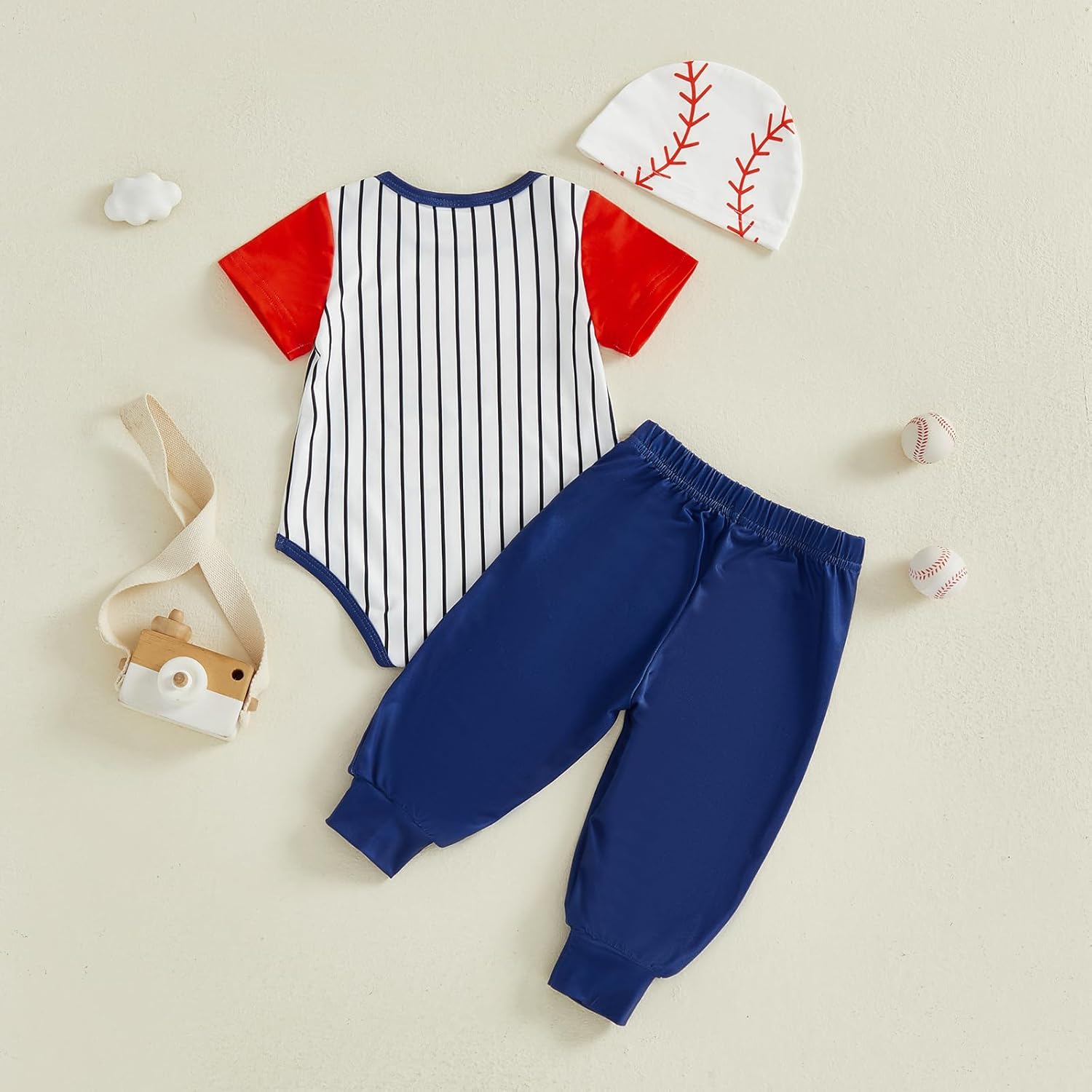 Honganda Infant Baby Boy Baseball Outfits Letter Print Striped Romper Bodysuit with Pants Hat 3Pcs Summer Clothes Set - Image 5