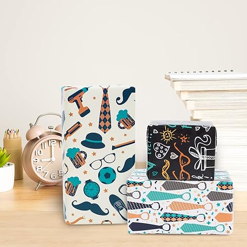 Miniatura 7 de Whaline 12 hojas de papel de regalo para el día del padre, papel de regalo con estampado de corbata, bigotes y relojes, papel de embalaje artístico