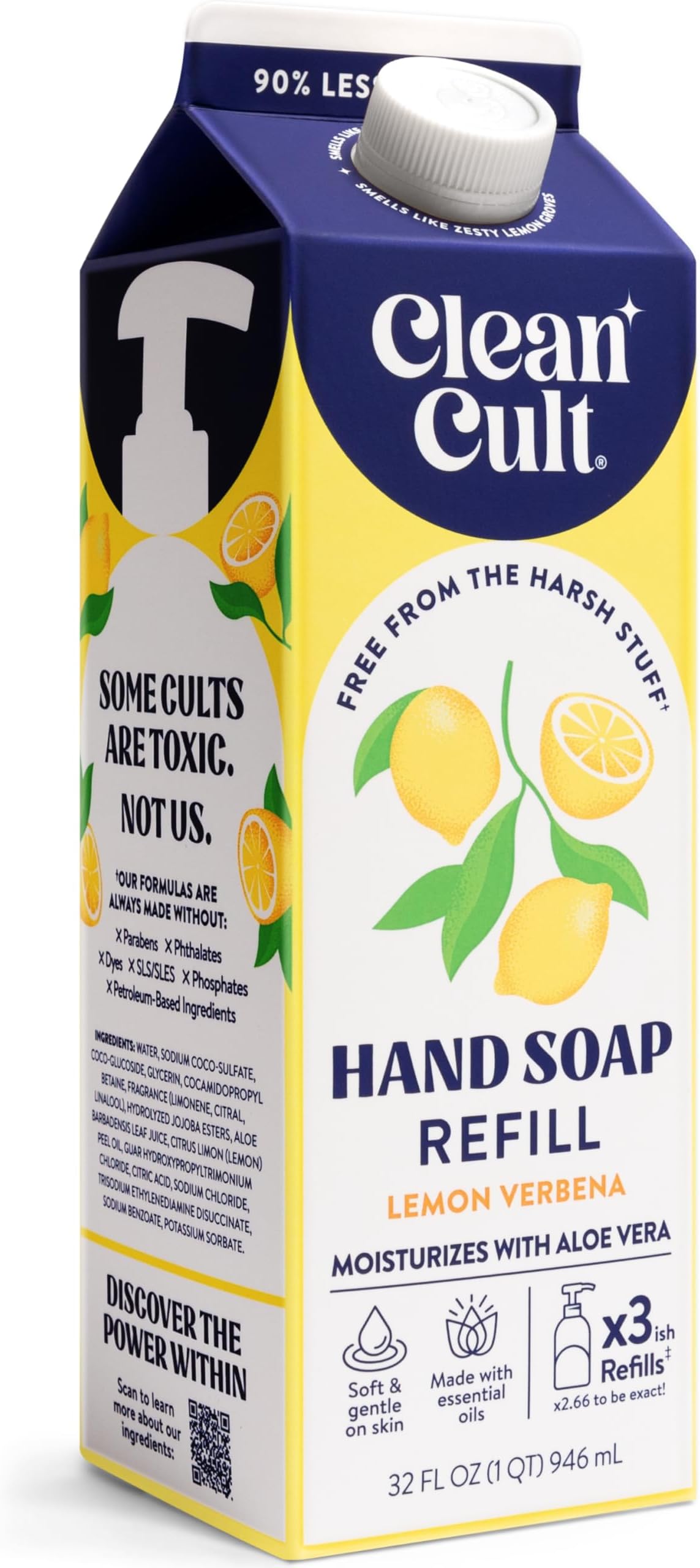 Cleancult Liquid Hand Soap Refills (32oz, 1 Pack) - Hand Soap that Nourishes & Moisturizes - Liquid Soap Free of Harsh Chemicals - Paper Based Eco Refill, Uses 90% Less Plastic - Lemon Verbena