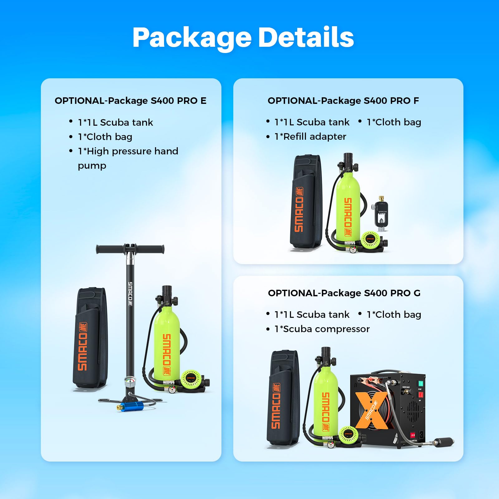 SMACO Mini Bombola Sub 1L Piccola Bombola Subacquea per Immersioni Portatile Bombole Aria Sub Mini Scuba Tank per Soccorso di Emergenza Pulizia Imbarcazioni Fonte d'Aria di Riserva S400 PRO