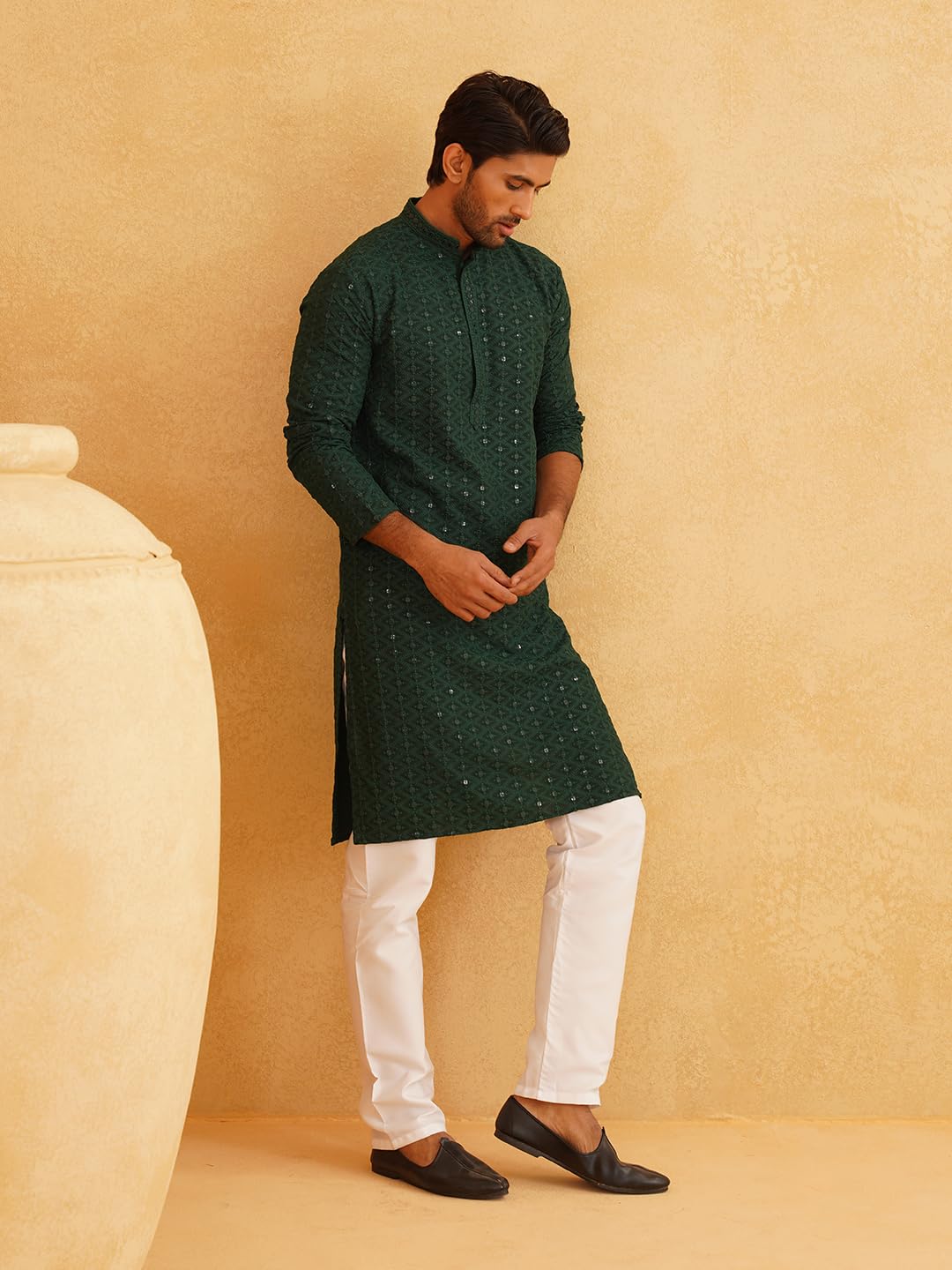 Sojanya (Since 1958 Men's Pure Cotton Green Embroidered Sequined Kurta And White Pyjama Set