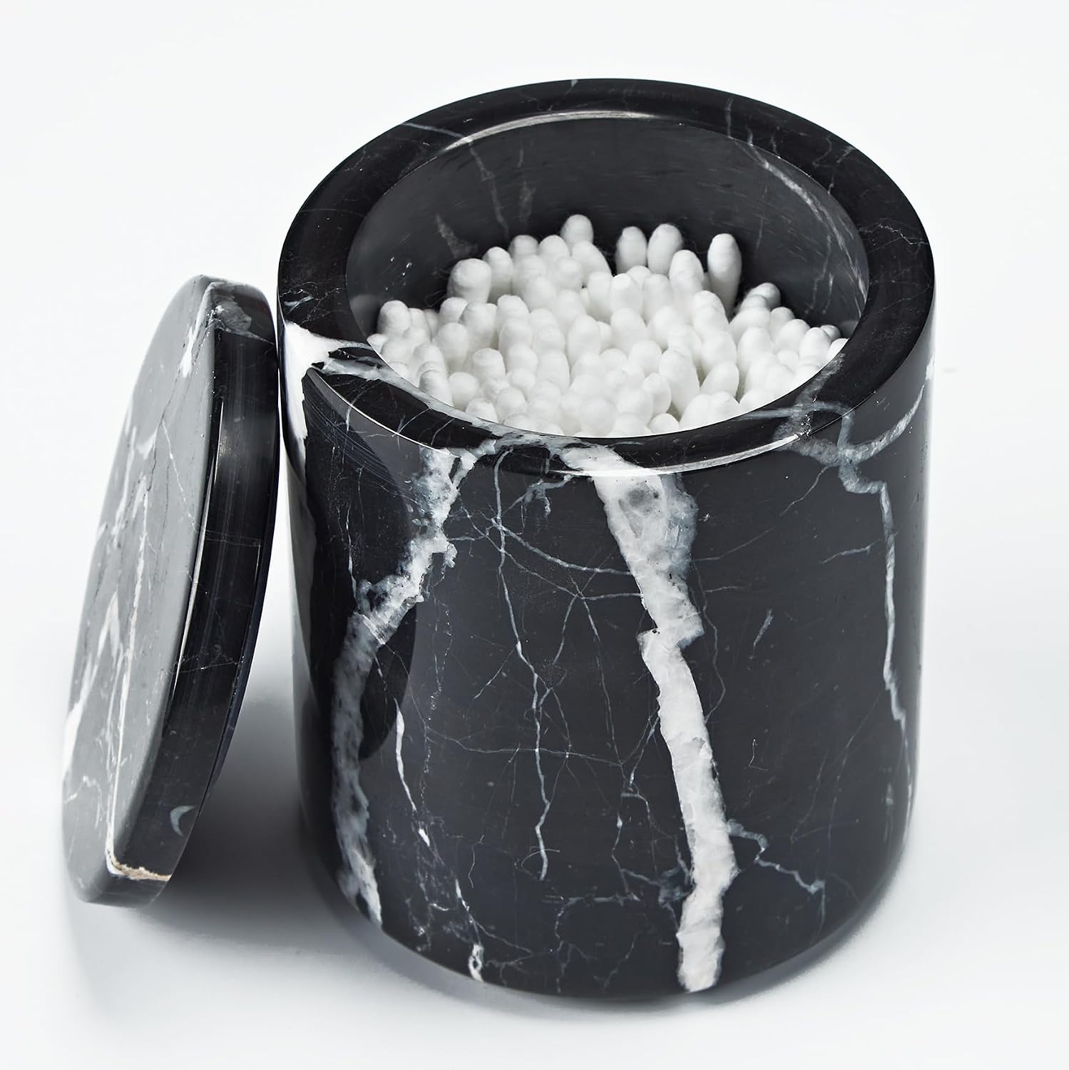 Marble Canister with Lid, Black Round Qtip Container, 3.75 diam x 4.5 ht Inch Storage Jar can Put it on the Bathtub Tray, Bathroom Essentials Marble Canister for Cotton Balls, jewelry, Bath Salt