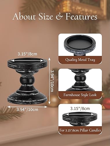 Miniatura 6 de Portavelas de pilar de madera 2 portavelas rústicos negros para velas de pilar, portavelas de madera envejecida, portavelas rústico grande para mesa