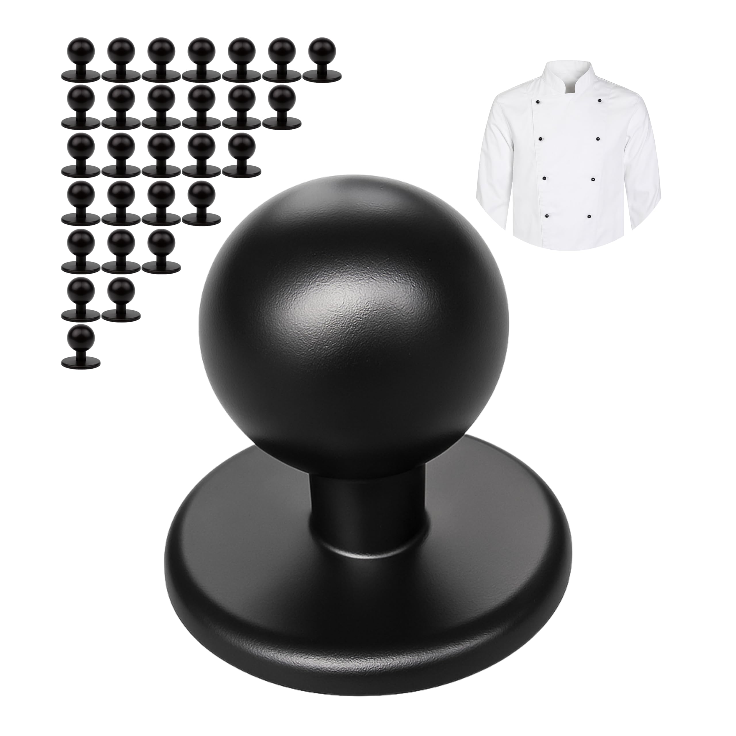 Round Buttons for Chefs Jacket, 30 Pieces, Black Chef Buttons with 12.5 mm Head Diameter, Supply Set, Total Size 19 x 12.5 x 18 mm, Black Ball Buttons, Kitchen Jacket Buttons, Motif Buttons