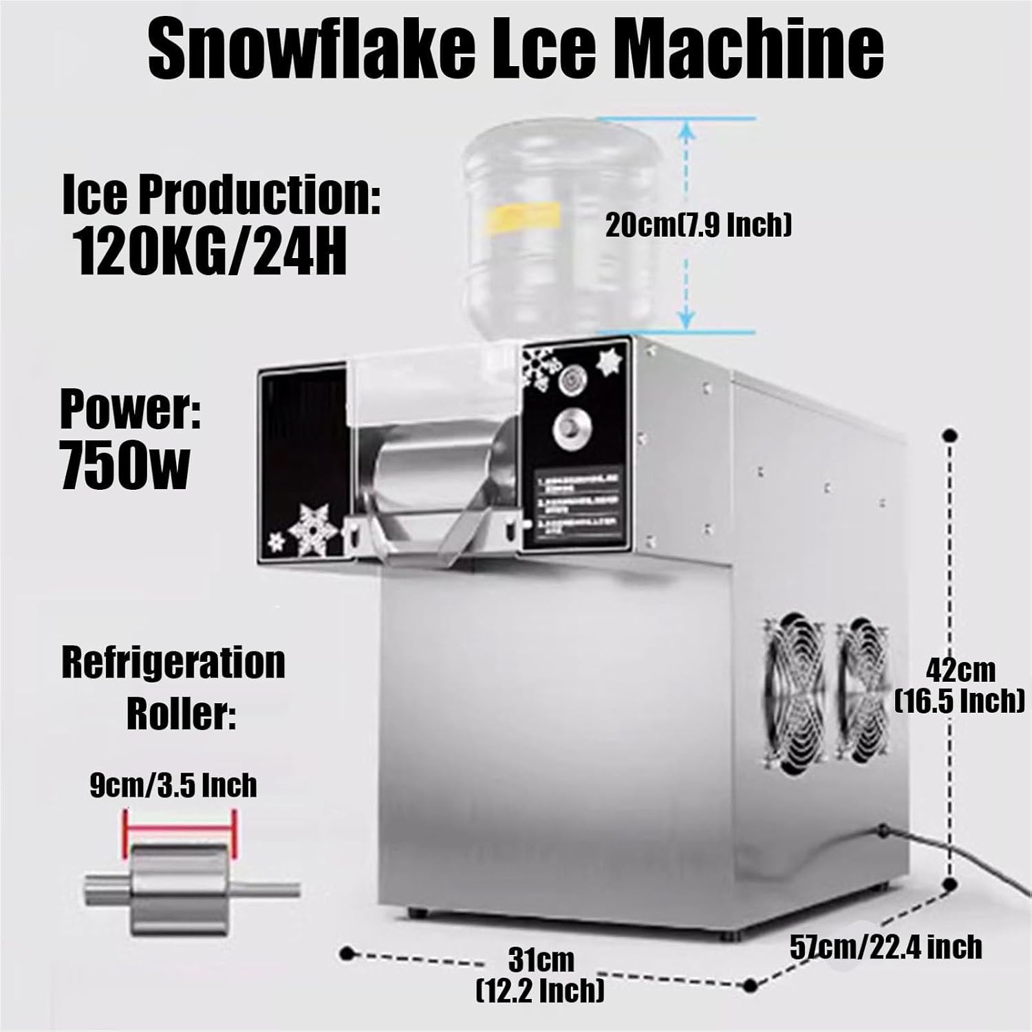 Stainless Steel Snow Ice Maker,Commercial Snowflake Ice Maker, Shaved Ice Crusher Machine, Snow Cone Slushie Machine, 120KG (180KG)