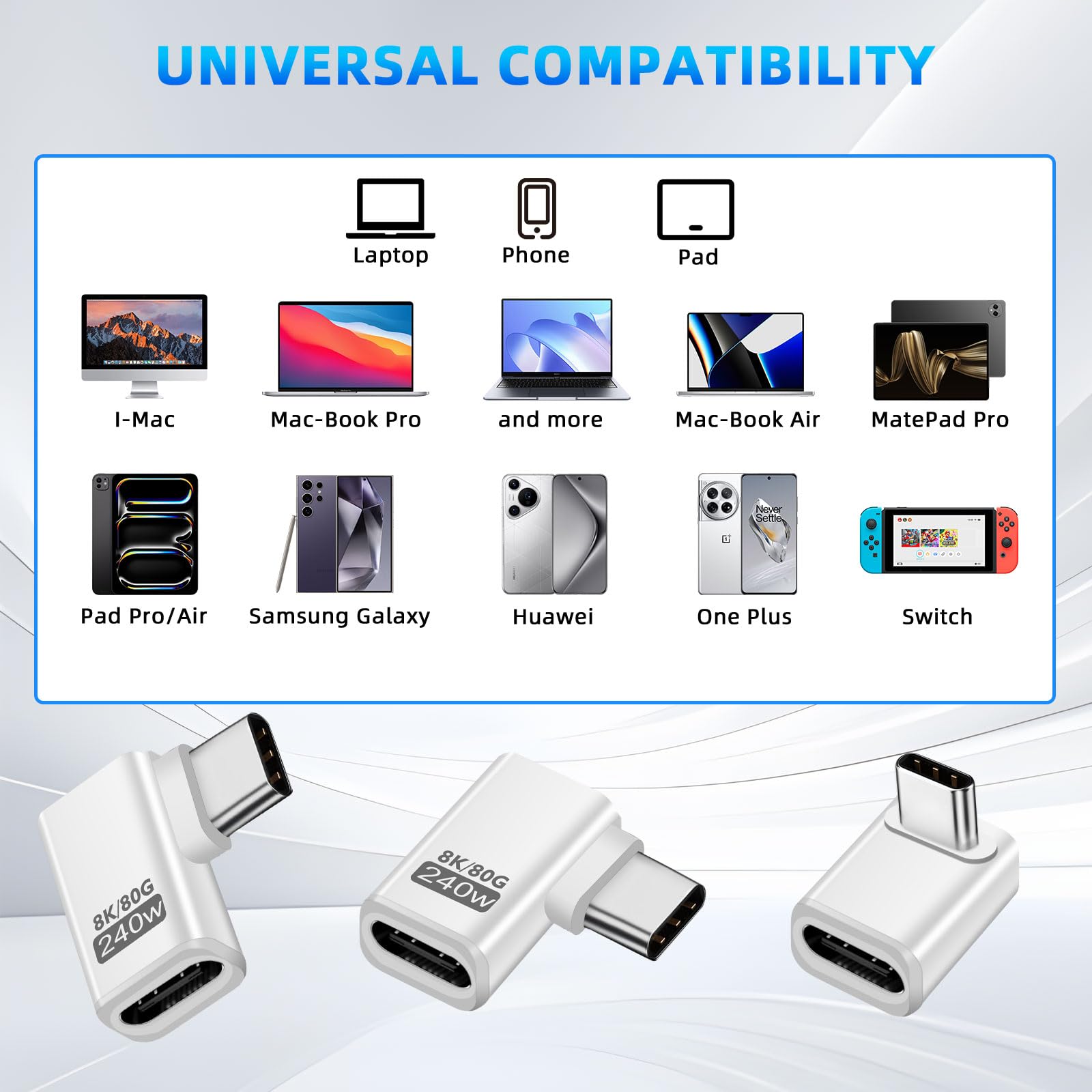 3 adattatori USB C Extender 90 gradi, 80 Gbps USB C maschio a femmina, adattatore angolare 240 W Thunderbolt 5 Extension Connector per iPhone 15/16, Team Deck, tablet, telefoni, altri dispositivi di
