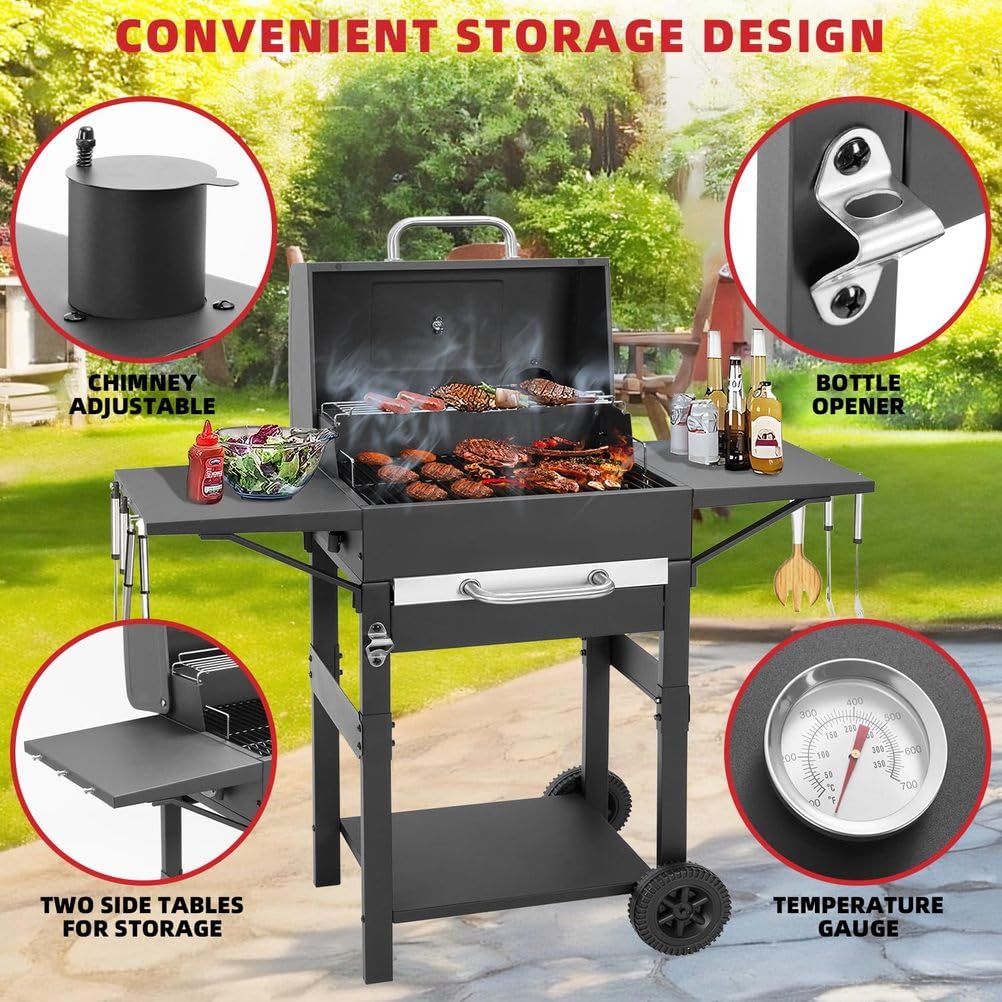 Duży grill, 110 × 35 × 110 cm Składany grill i kemping na piknik, ogród, taras i podróże, grill ze stali nierdzewnej na zewnątrz (czarny)