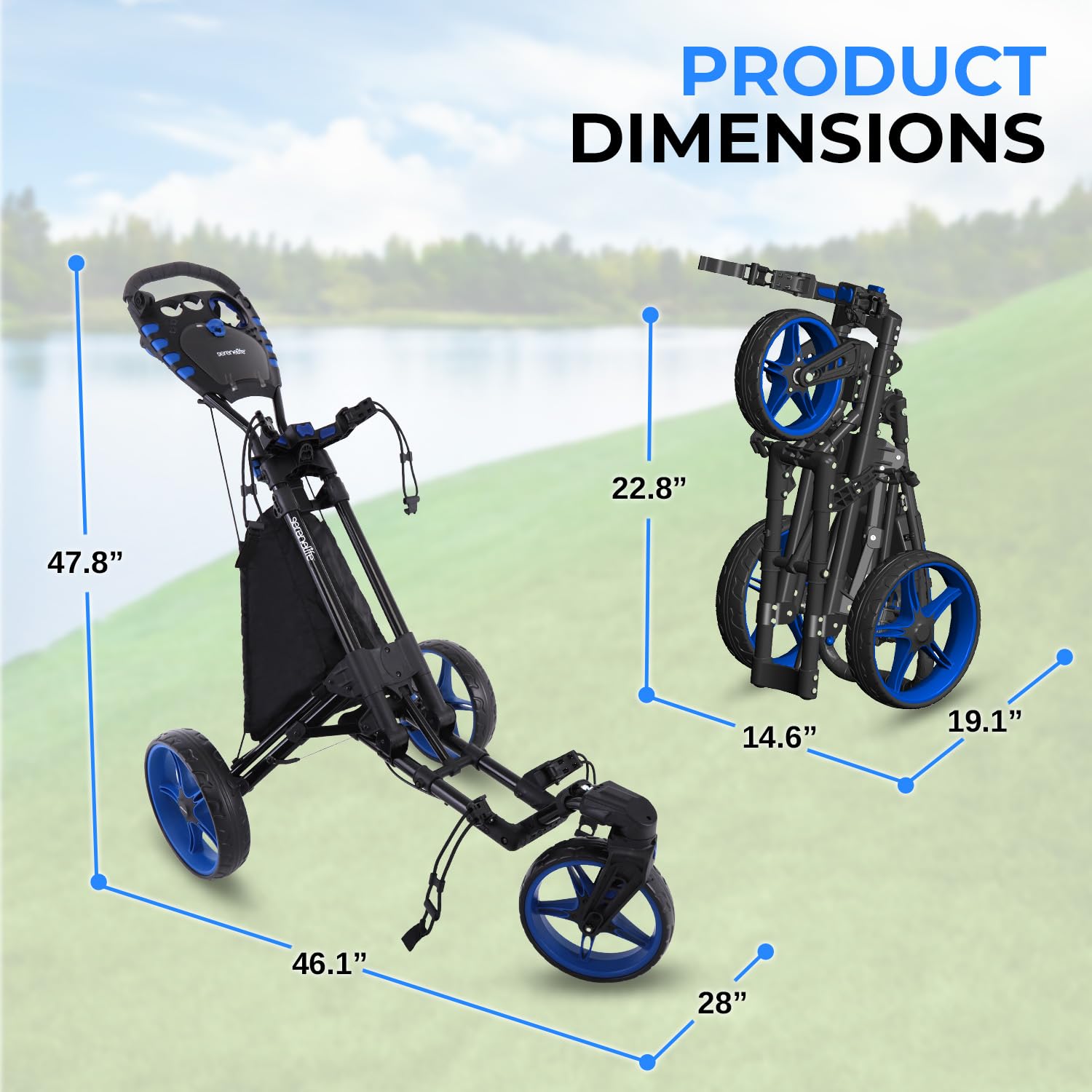 Carrito de golf de 3 ruedas – Soporte plegable ligero para bolsa de golf con pie / mango de freno, soporte superior/inferior con correa elástica, tarjeta de puntuación/taza/bolsa soporte de almacenamiento SLGZ48 7