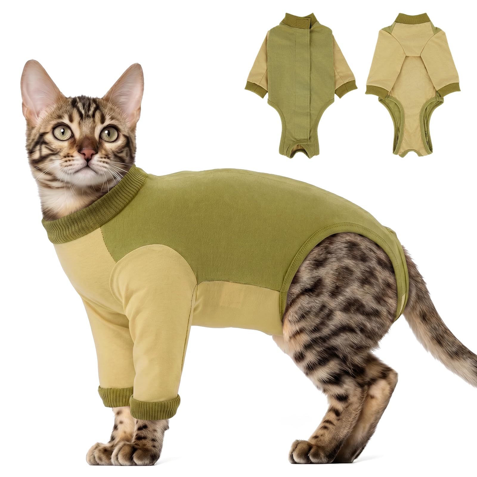 Long Sleeve Cat Recovery Suit – Secure Fit | Full Coverage Onesie | Anti Licking, Post Surgery | Extra Protection for Active & Licking Cats | Spay, Neuter, Abdominal Wound (Sage Green XL)