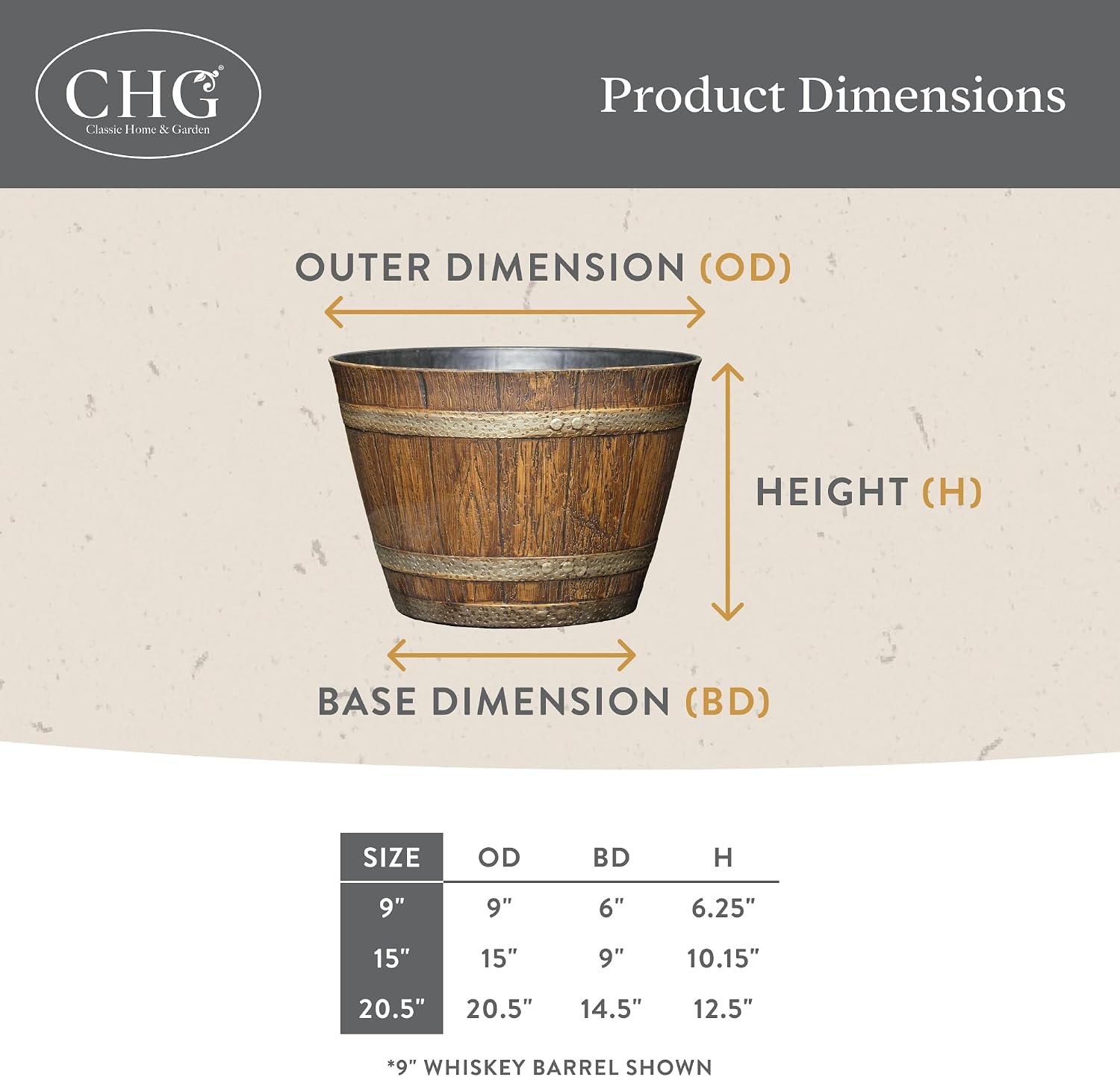 Classic Home and Garden Outdoor Whiskey Resin Flower Pot Barrel Planter, Oak Brown, 15" (Pack of 3)